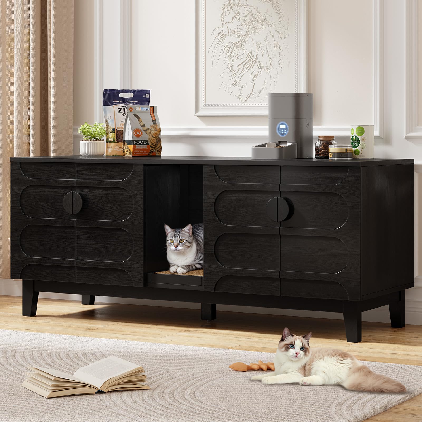 ONBRILL 59 Inches Cat Litter Box Enclosure for 2 Cats, Hidden Litter Boxes Furniture w/Cat Scratch Pad, Modern Large Pet House with Double Room, Wooden TV Stand for Living Room, Black