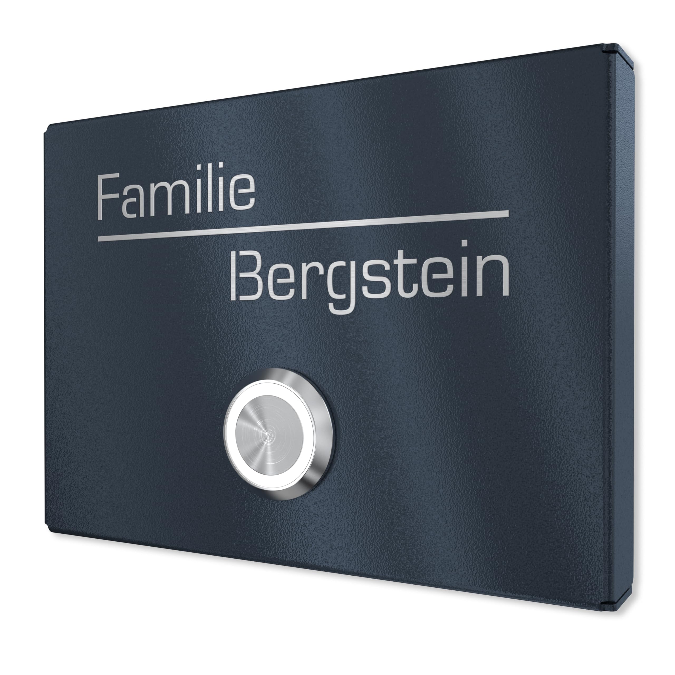 Aufputz Klingelschild aus V2A Edelstahl mit Gravur von Graviers Design – Pulverbeschichtet in RAL 7016 – LED Klingeltaster – Türklingel – Made in Germany