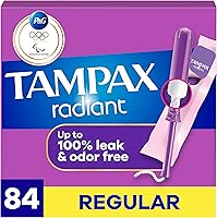 Tampax Radiant Regular Absorbency Tampons with LeakGuard Braid, Unscented, 84 Count - Leak-Free Protection