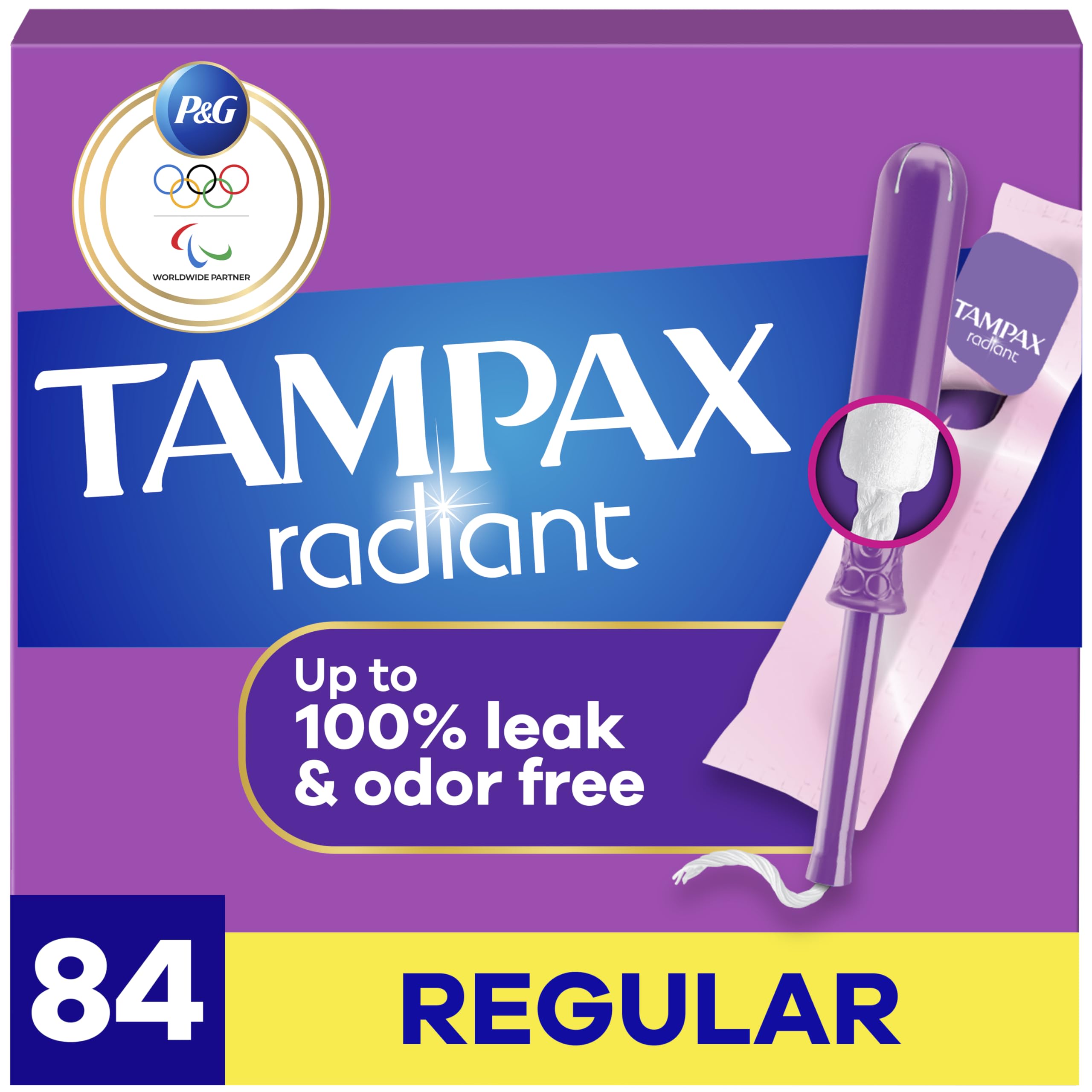Radiant Tampons for Women, with LeakGuard Braid, Regular Absorbency, Unscented, 84 Count (3 Packs of 28)
