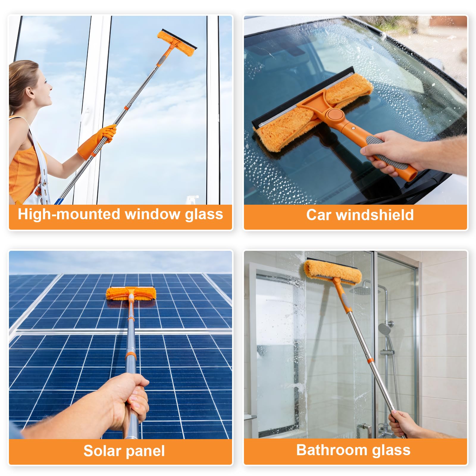 HA BIN Lavavetri Professionale con Manico Telescopico (400 CM), 2 in 1 Tergivetro in Silicone e Lavavetri in Microfibra, Pulitore per Finestre, Auto, Doccia e Vetro – Senza Strisce e Facile da Usare