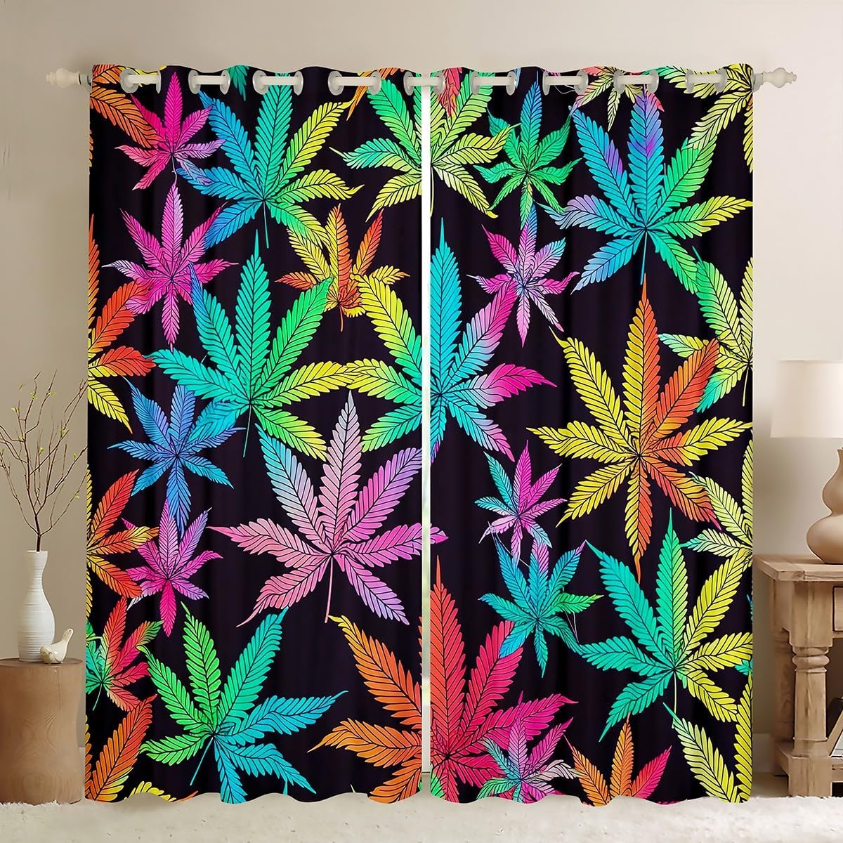 Feelyou Marijuana Weed Leaf Window Drapes Cannabis Leaves Curtains Colorful Marijuana Leaf Window Treatments for Kids Adults Bedroom Decor Bright Leaves Pattern Window Curtains (2 Panels， 52x84 Inch)