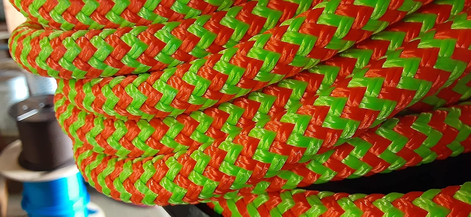 9/16 x 100 ft. Double Braid-Yacht Braid Polyester Rope. Orange/Lime Herringbone.