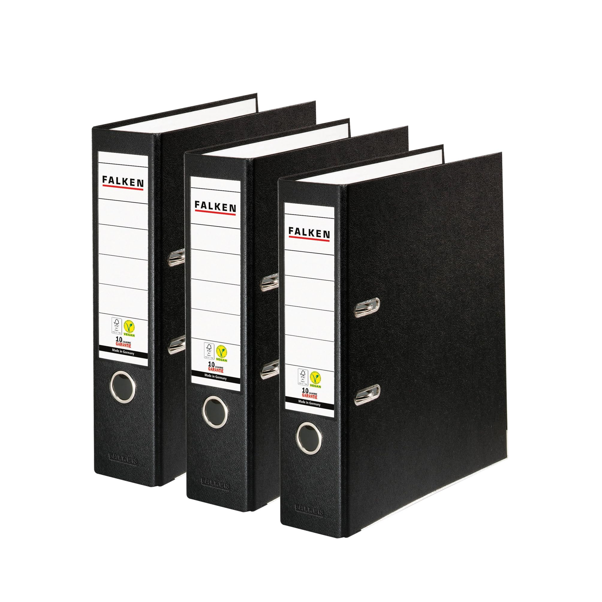 FALKEN Original Pack of 3 Polypropylene Black A4 Storage Binders, Made in Germany, 8 cm Wide, Vegan Plastic, 3-Hole Ring Binder