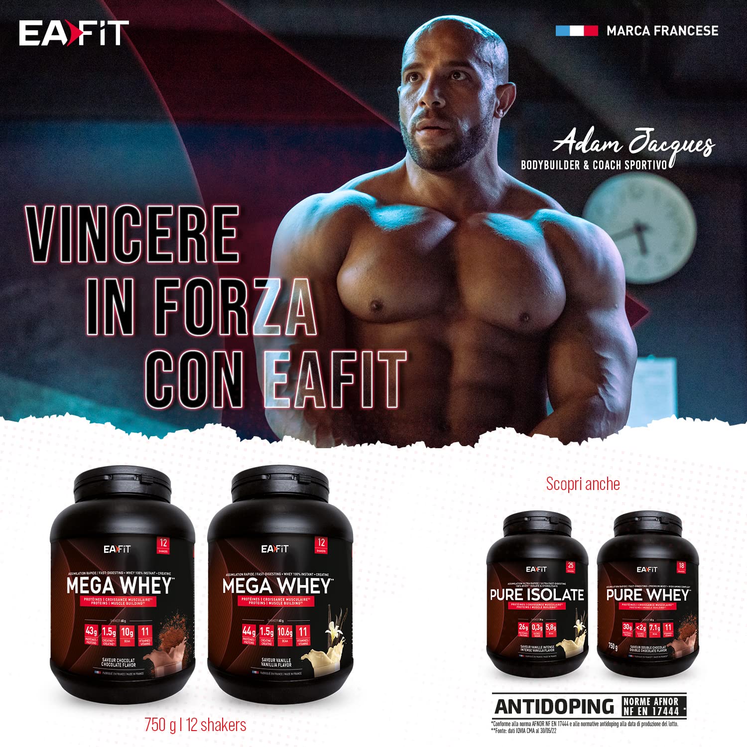 Proteine Whey Mega Whey EAFIT 750g, 100% Proteine in Polvere del Siero del Latte Istantaneo, Cioccolato, BCAA, Creatina, Aminoacidi Enzimi Digestivi, Massa Muscolare, Assorbimento Rapido, Whey Protein