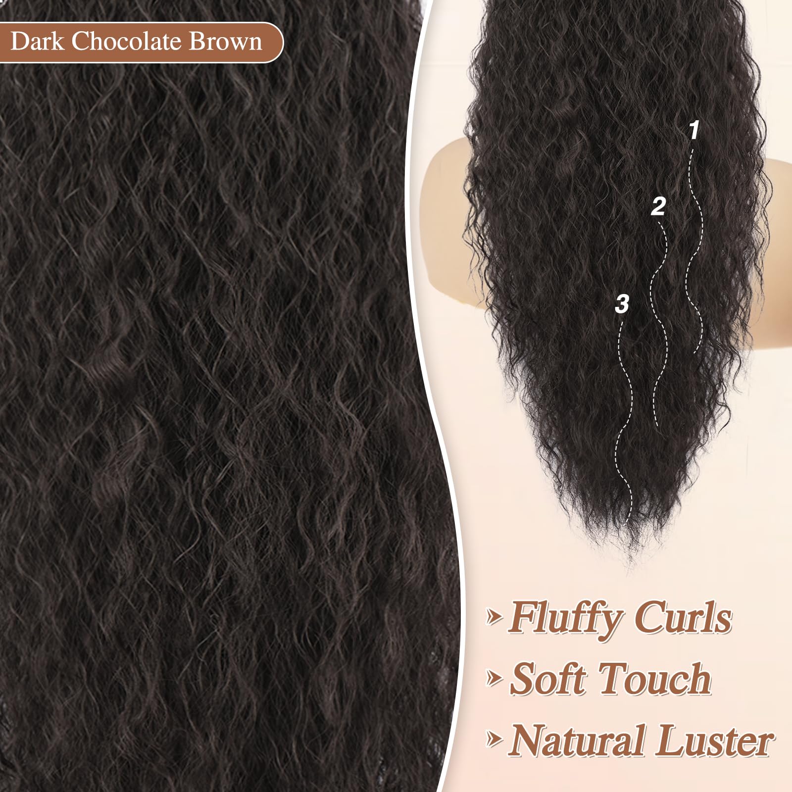 BARSDAR 30 Inch Long Curly Wavy Drawstring Ponytail Extension, Synthetic Comb Clip in Ponytail Hairpiece for Women Voluminous Dark Chocolate Brown Ponytail Hair Extensions Fake Ponytail Hairpieces - Image 3