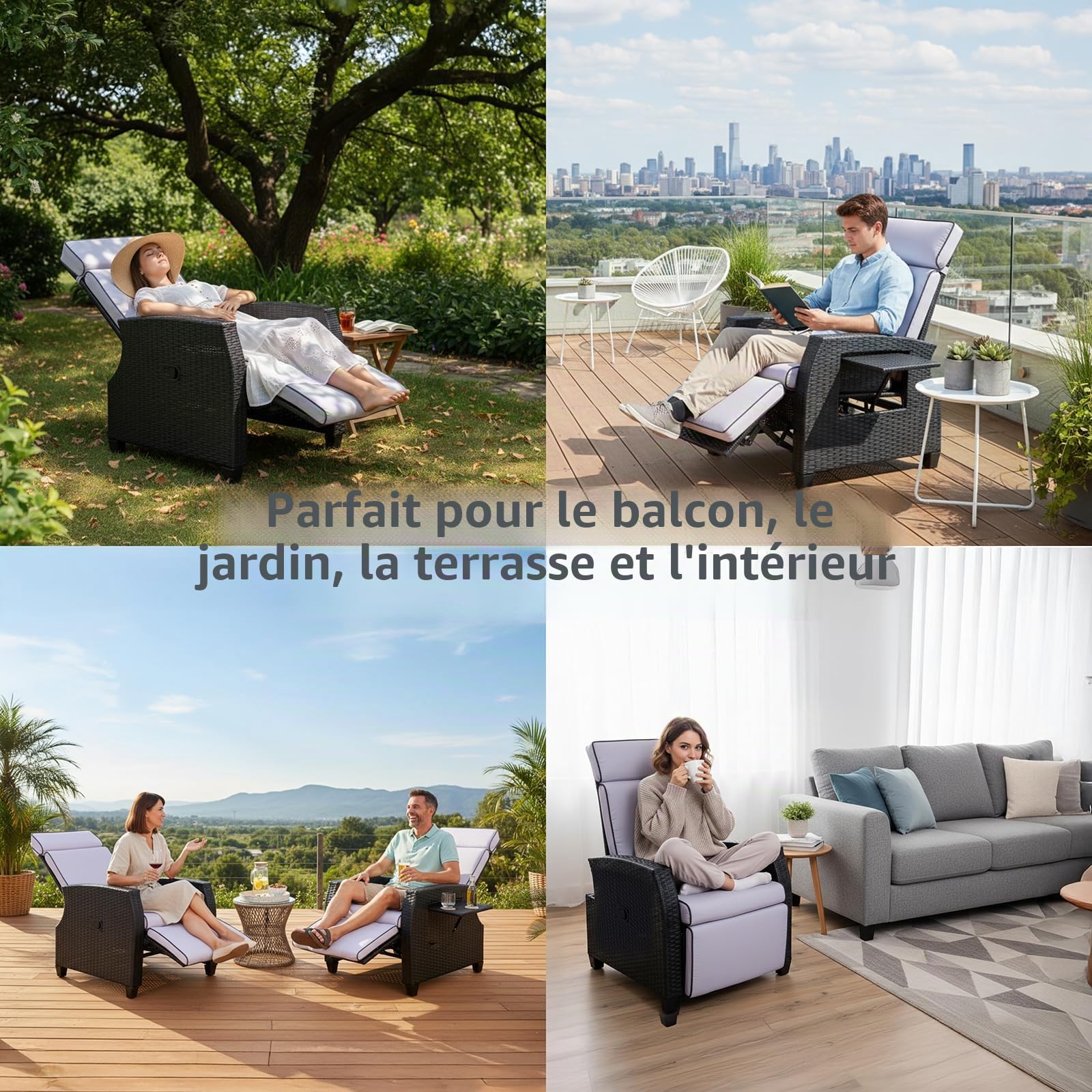 Fauteuil Relax de Jardin avec Dossier Réglable et Table Latérale | Rotin PE résistant aux UV, cadre en aluminium, coussins déhoussables, idéal jardin et terrasse