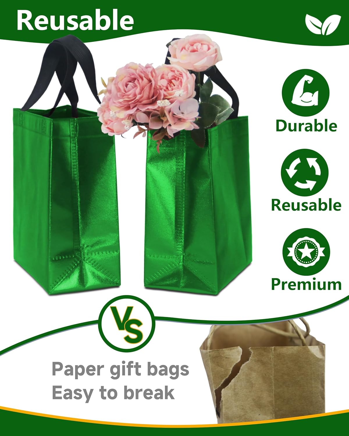 24 Medium Gift Bags with Tissues - Sturdy Reusable Gift Bags Glossy Metallic Non Woven 8x4x10 for Parties, Birthdays