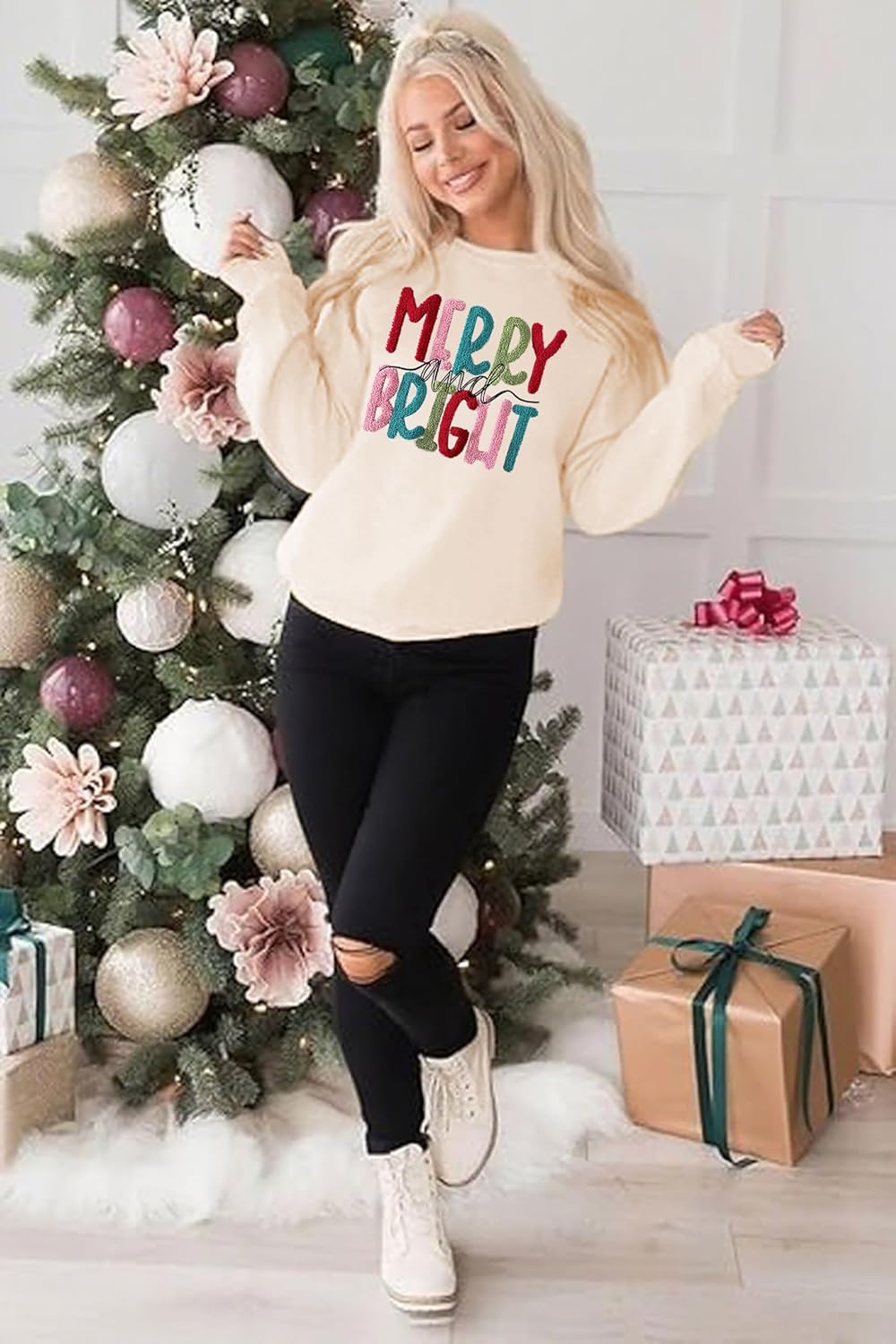 Christmas Sweatshirt Women Merry And Bright Christmas Pullover Shirt Novelty Chenille Patch Xmas Gift Holiday Top - Image 3