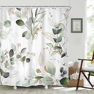 Riyidecor Sage Green Shower Curtain 72Wx72H, Botanical Eucalyptus Leaf Light Green Gold Bathroom Curtain, Watercolor Plants Earthy Spring Shower Curtain Sets with 12 Pack Hooks Ideal for Bathroom