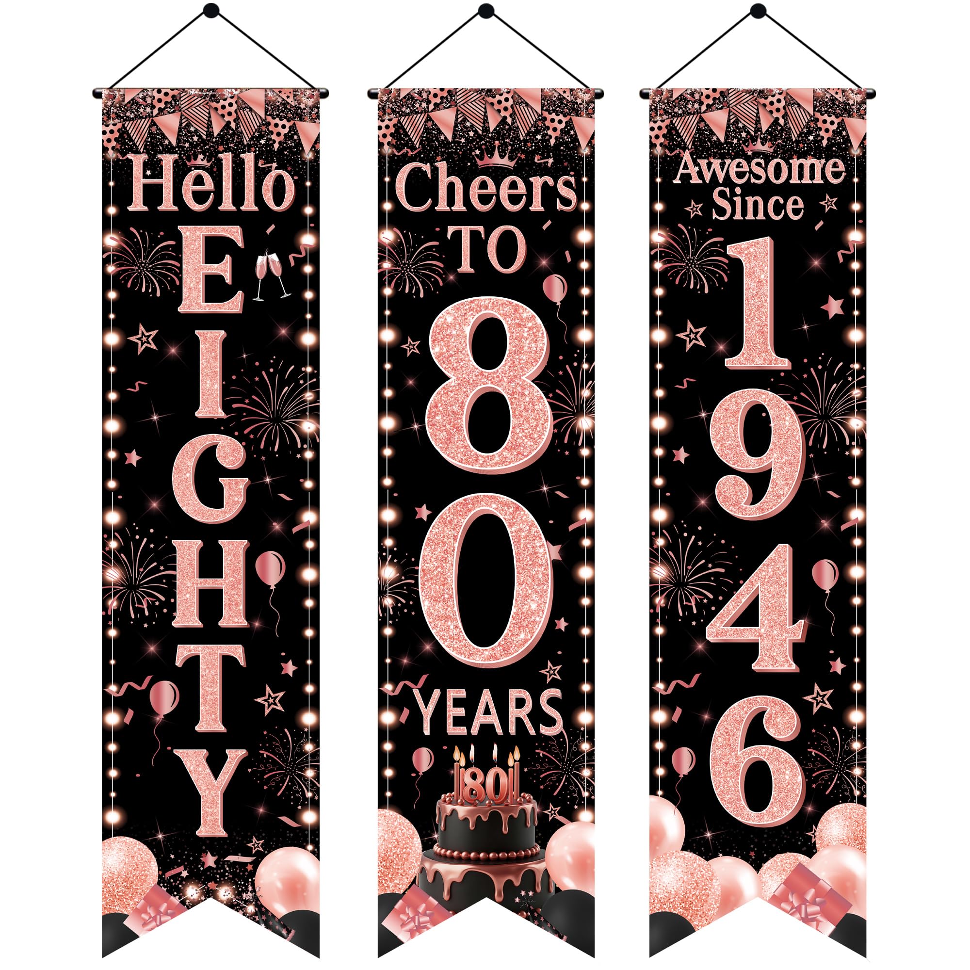 80th Birthday Door Banner Decorations - Black Rose Gold Hello Eighty Porch Signs 3.9x0.9ft, 3Pcs Cheers to 80 Years Awesome Since 1946 Hanging Banners for 80th Birthday Party Decor