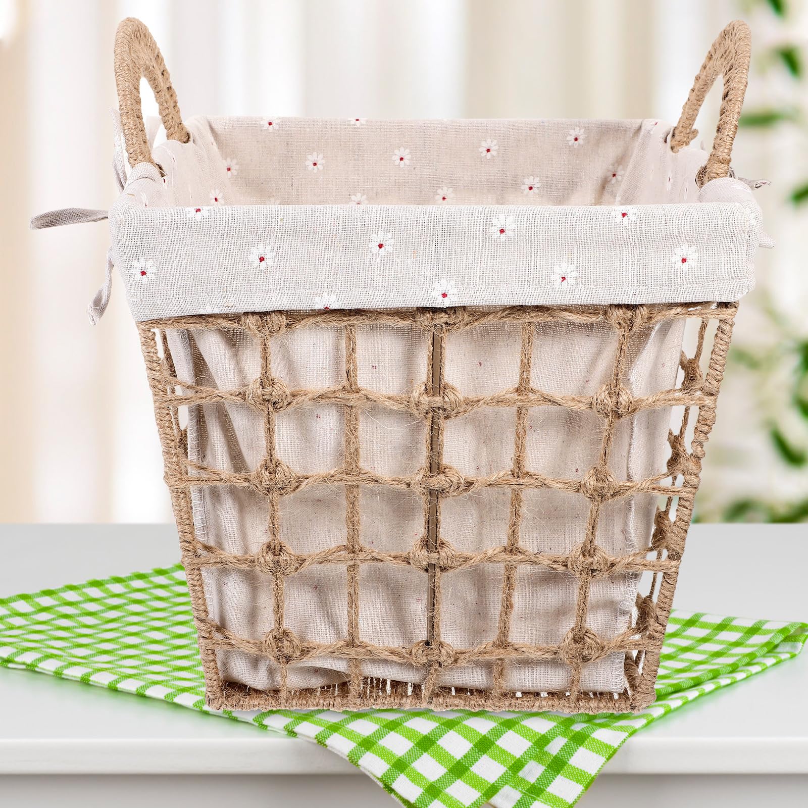 Cesta Tejida para Almacenamiento Doble Asa de Cuerda, Revestimiento de Tela y Tamaño Pequeño, Organizador Multiusos para Oficina, Cocina y Hogar