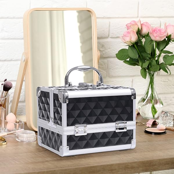 HOMCOM Mallette à Maquillage - Rangement Produits de beauté - Rangement à 3 Niveaux avec Miroir Verrouillage avec 2 clés - 2