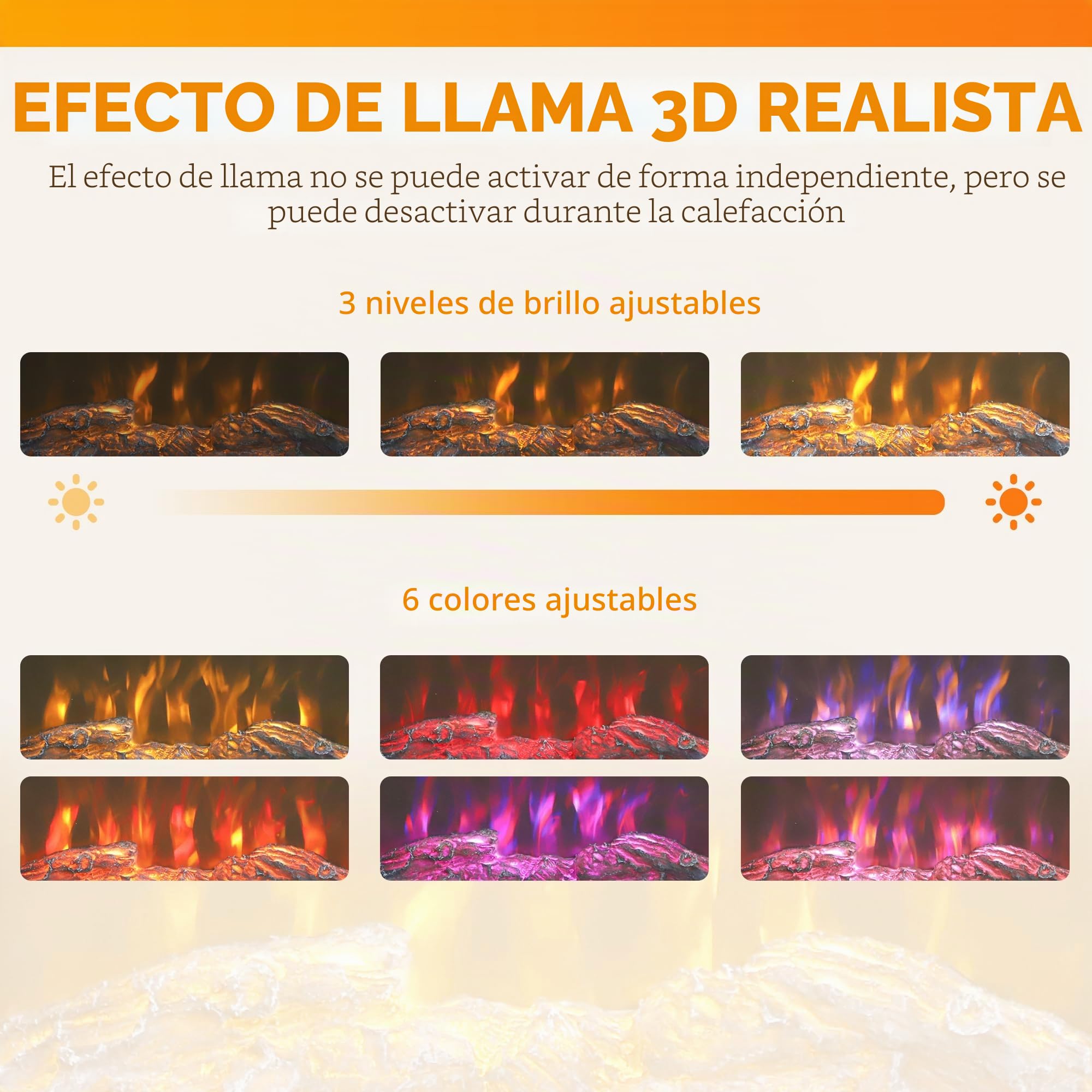 HOMCOM Chimenea Eléctrica 1000W/2000W Efecto Llama 3D 6 Colores Marrón