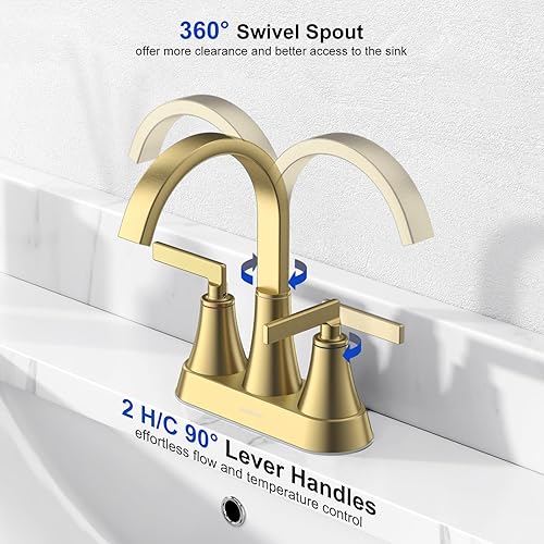 Miniatura 5 de Hurran - Grifo para lavabo de baño, de níquel cepillado de 4 pulgadas, 3 agujeros con drenaje emergente y líneas de suministro, grifo giratorio de