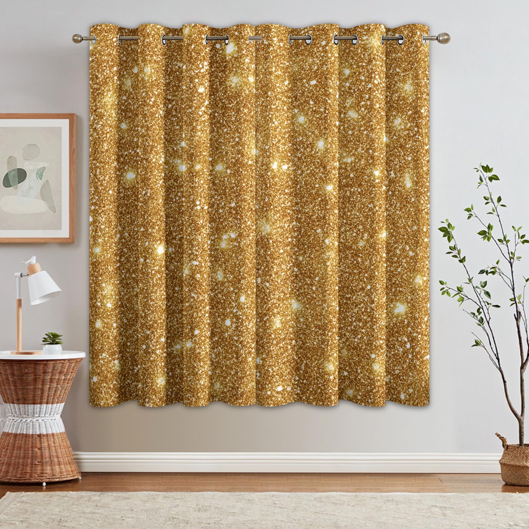 Generisch Blickdichte Vorhänge Glitzerndes Gold Muster, H 160 x B 140 2er Set - Moderne Kunst Luxus Fenster Gardinen mit Ösen, 160 cm Lang Curtains Wohnzimmer Schlafzimmer Deko SX&159