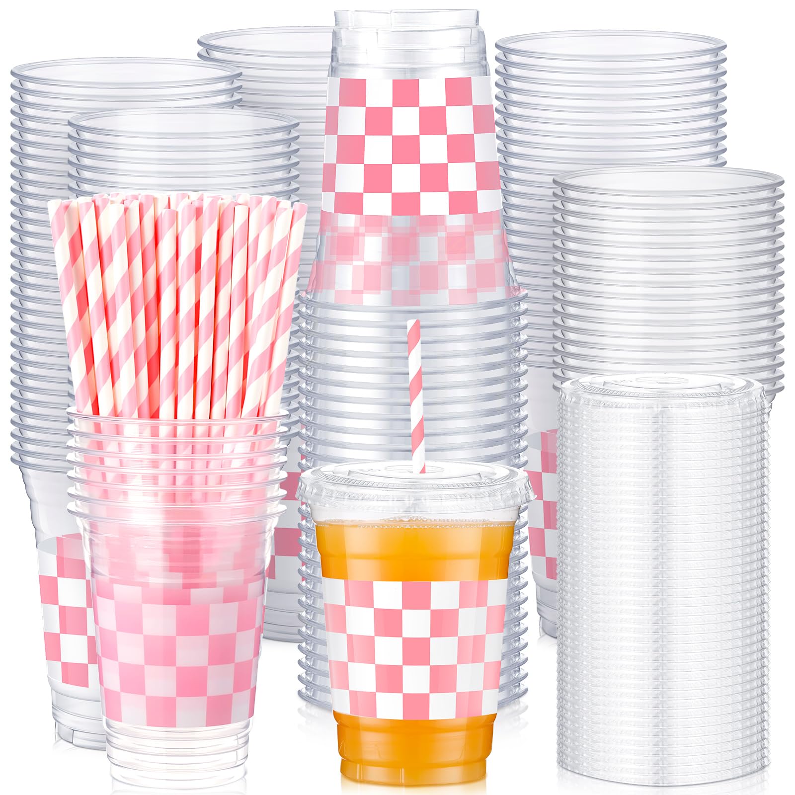 Amazon.com: meekoo 50 Sets Pink Gingham Party Cup with Flat Lids