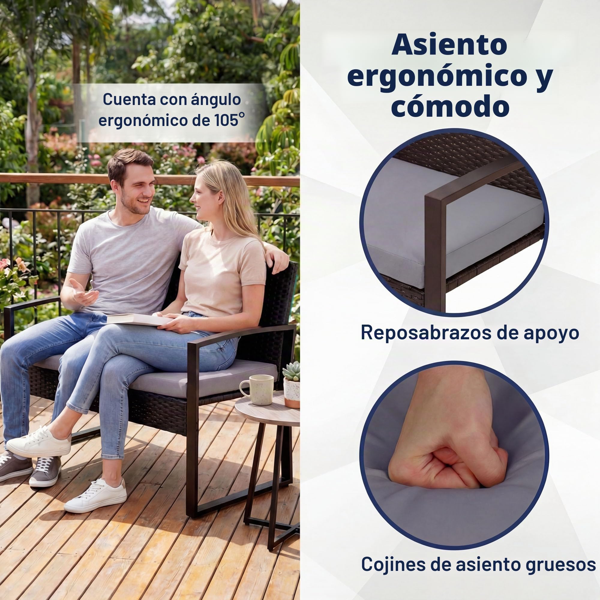 SOARS Conjunto Jardín Exterior de Ratán PE y Metal, Muebles de Jardín de 4 Piezas con Respaldo Inclinado y Cojines de Asiento, Muebles de Exterior con Mesa de Centro para Patio, Jardín (Beige)