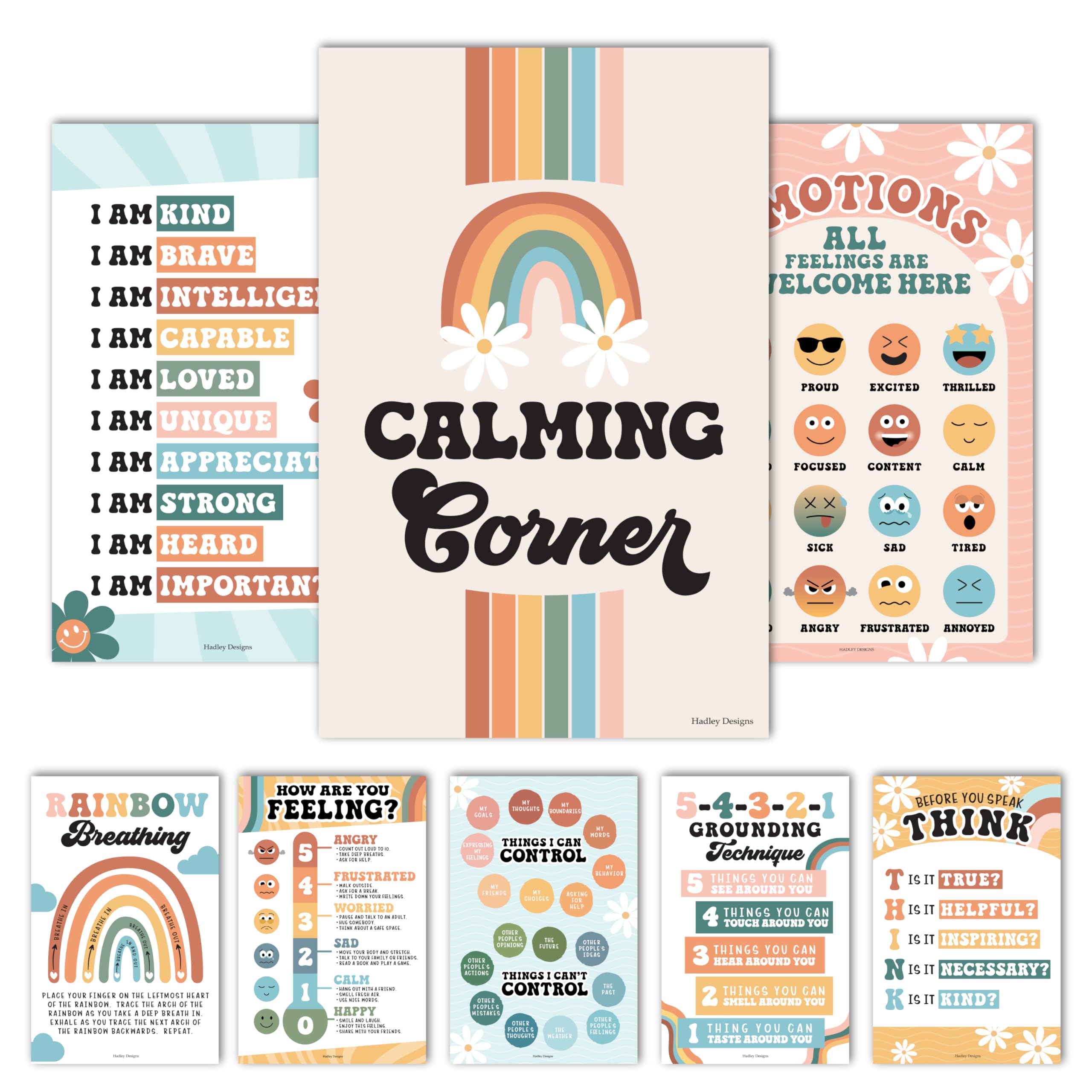 Hadley Designs 8 Calming Corner Posters For Classroom Must Haves For Teachers - 11x17 Calm Down Corner Supplies, Feelings Chart For Kids Ages 4-8,