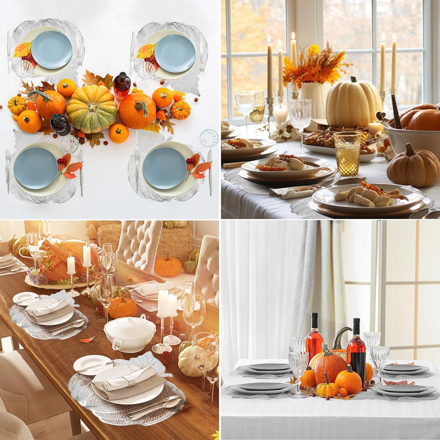 Sliner 12 Pack Thanksgiving Pumpkin Placemats 17 x 16 Inch Vinyl Metallic Pressed Fall Autumn Table Mat Decorations Farmhouse Harvest Pumpkins Round Placemats for Party Kitchen Dinning (Sliver)