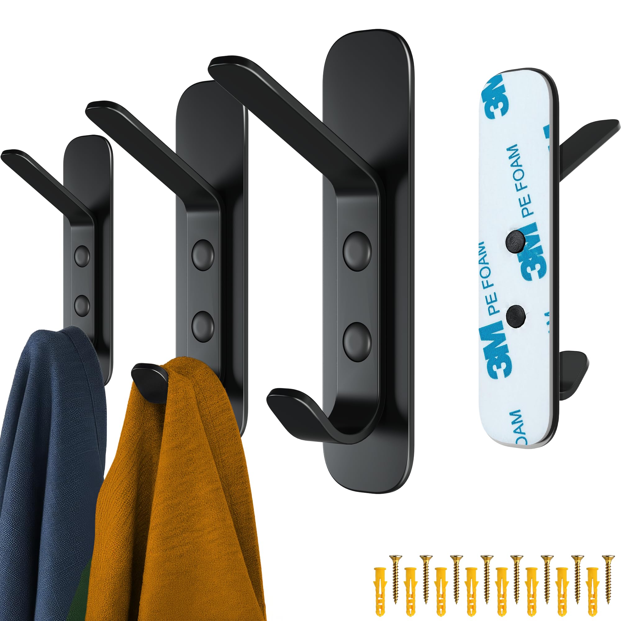4smile Self Adhesive Hooks - Versatile for Heavy Coat Hanging on Walls & Doors with Dual Adhesive or Nail Option, 4Pack Metal Double Design, Black
