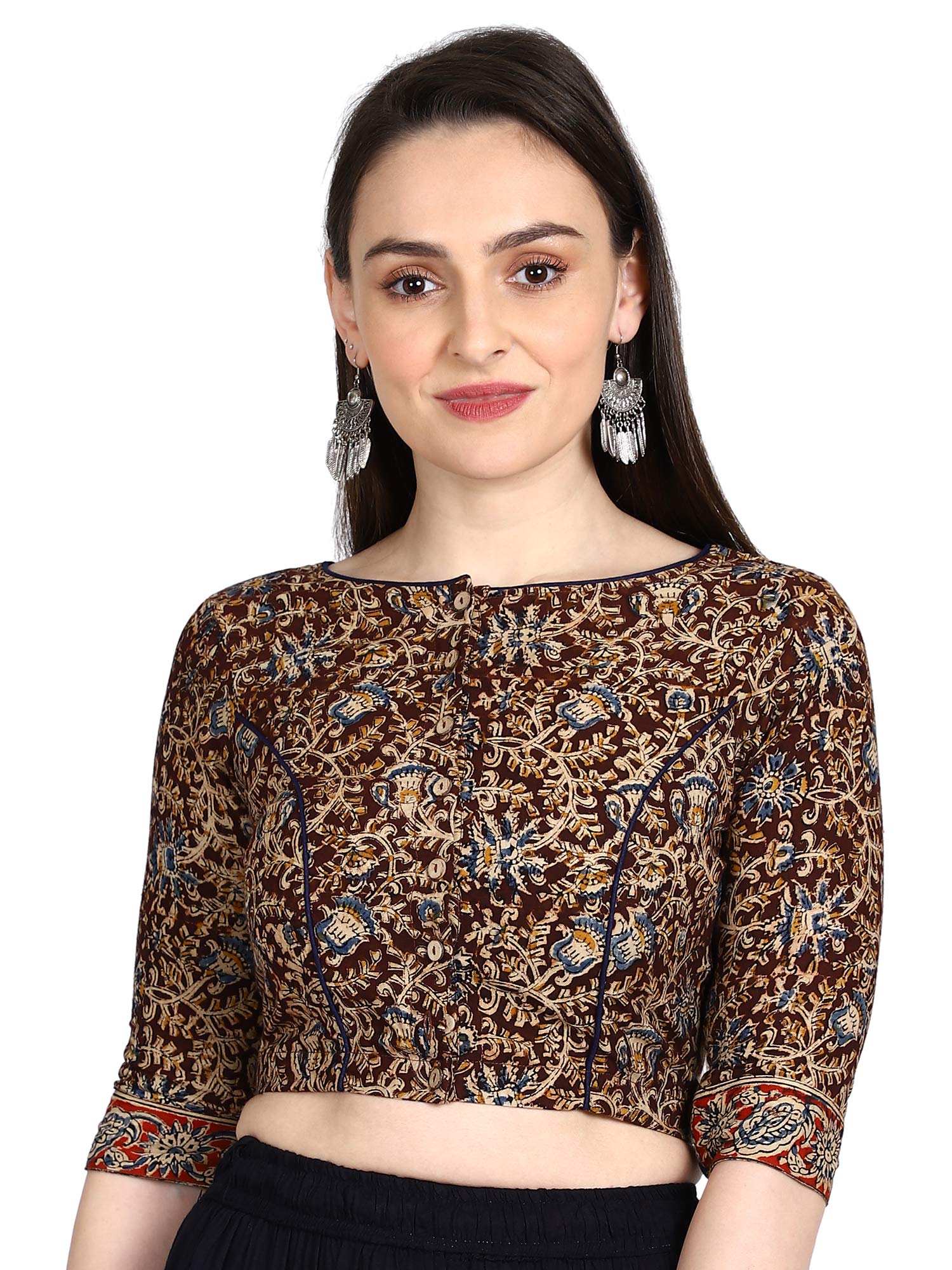 Brown & Beige Kalamkari Hand Block Printed Cotton Casual Readymade Blouse-image-19