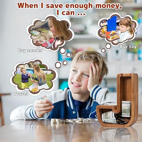 Vista 11 de Alcancía para niños y niñas, alcancía de madera con letra grande del alfabeto con inicial C, banco de monedas, regalos divertidos para cumpleaños