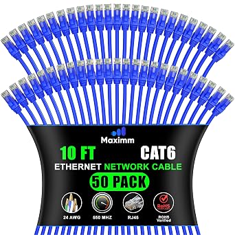 Maximm Cat6 Ethernet Cable Ft Blue 50-Pack, 10Gbps 550MHz UTP Cord