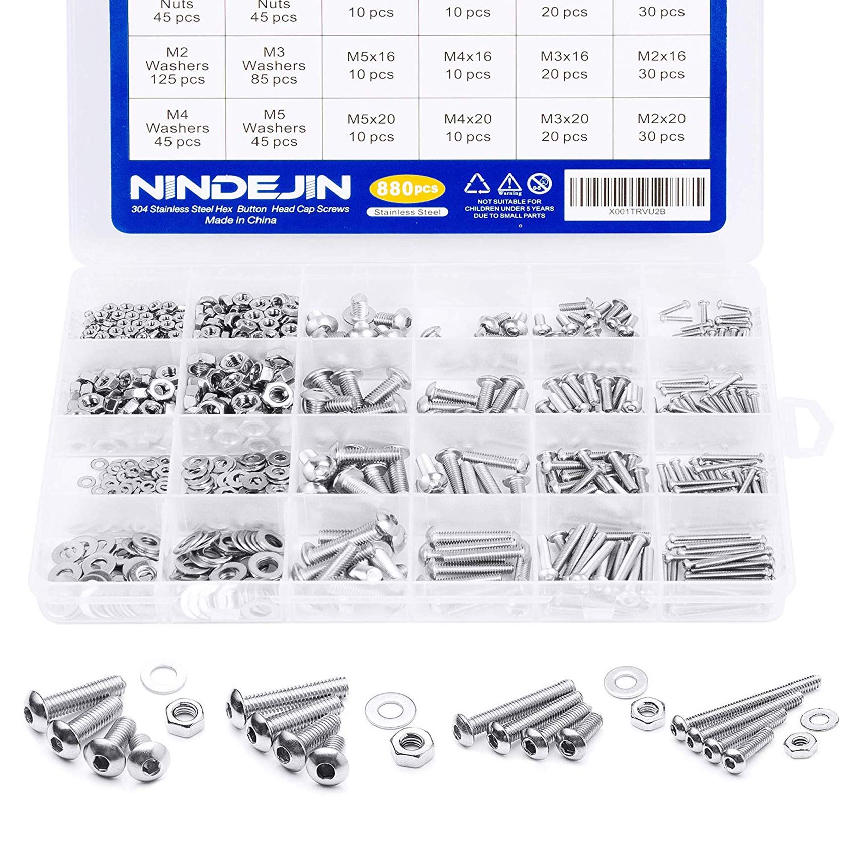 NINDEJINMetric Button Head Socket Cap Screw Bolts & Flat Washers & Nuts Assortment Kit M2 M3 M4 M5 Stainless Steel Machine Screws Set and Wrench, 880PCS
