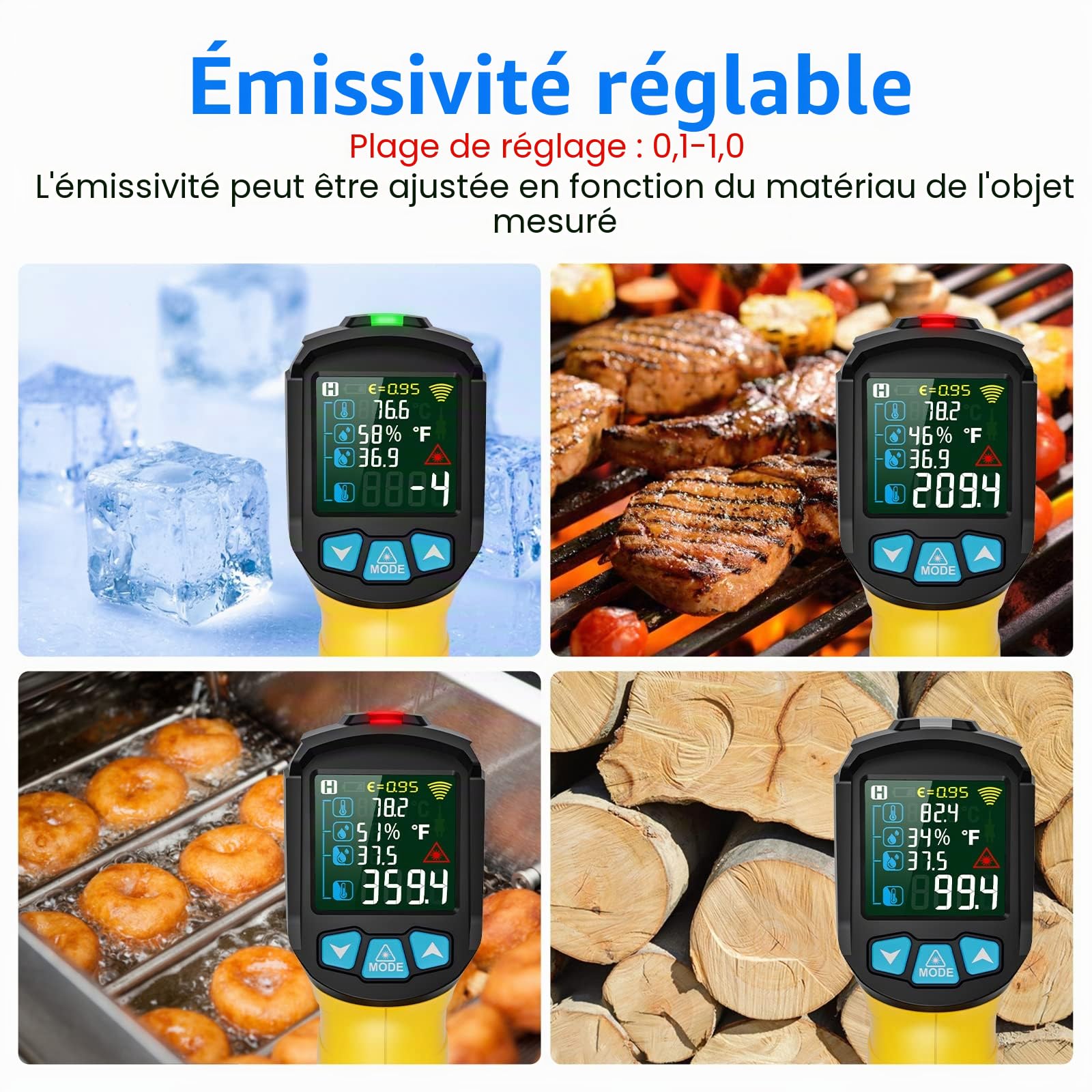 Thermomètre Infrarouge Laser MESTEK et Sonde Pistolet IR Temperature Sans Contact LCD -50°C~800°C Réglable Alarme d'émissivité Point de Rosée Cuisine Barbecue Congélateur Aliments industriel