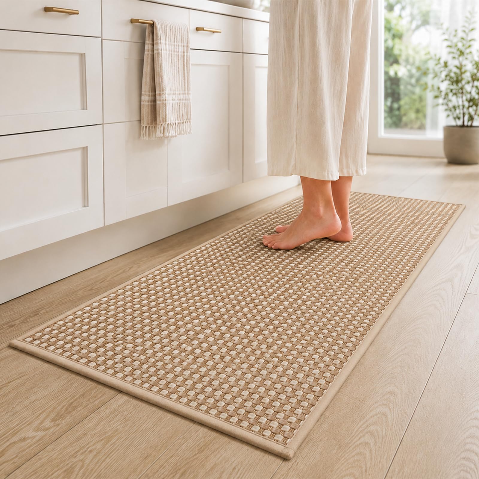 Kitchen Rugs, 43*120CM Non Slip Washable Boho Woven Absorbent Kitchen Runners Floor Mat Rubber Backing Soft Chenille Braided Runner Rug Standing Mat Kitchen Sink Mat for Hallway, Dining Room