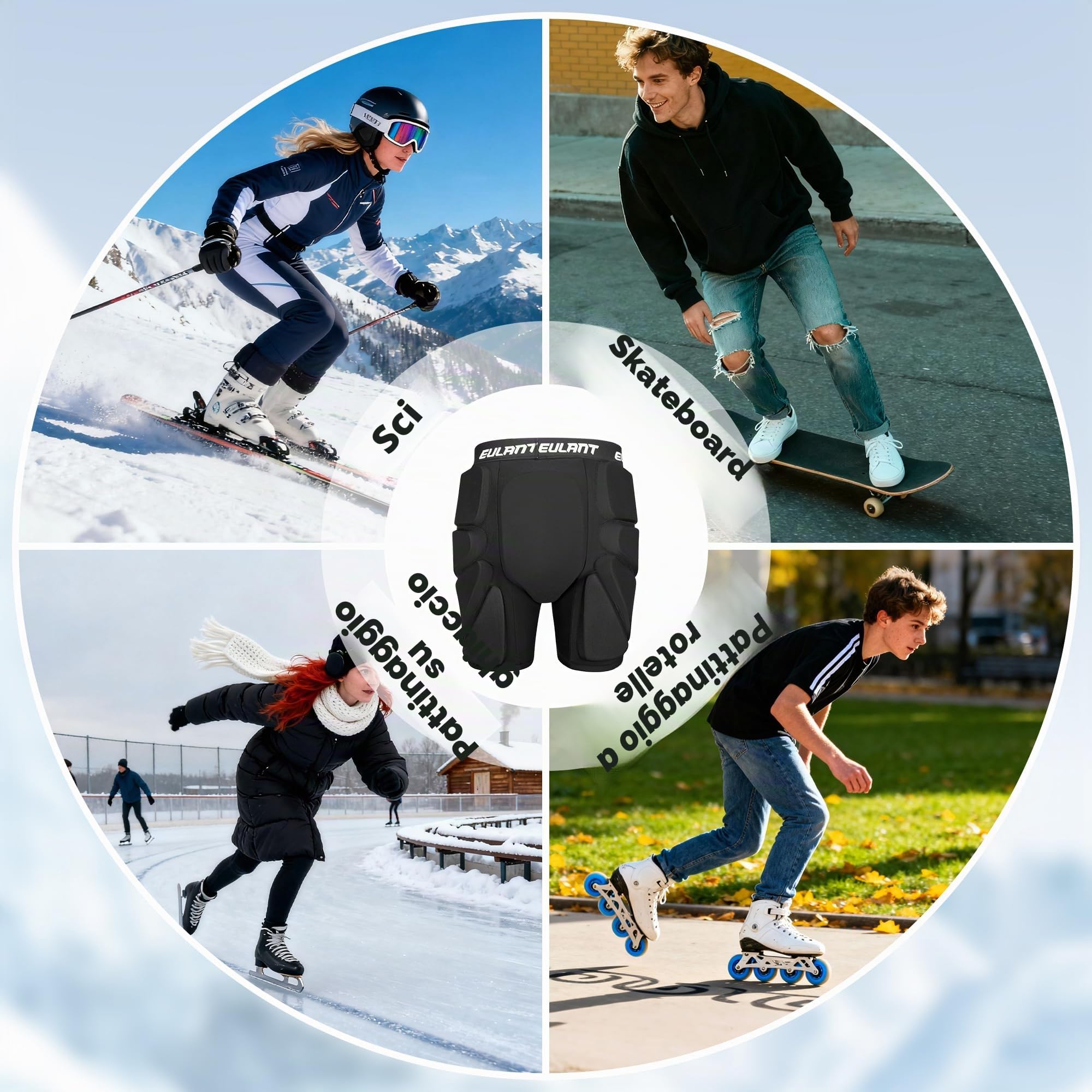 EULANT Pantaloncini Protettivi Imbottiti per Snowboard, Sci, Pattinaggio su Ghiaccio, Roller, Biker, Protezioni 3D per Anca, Fondoschiena, Coccige