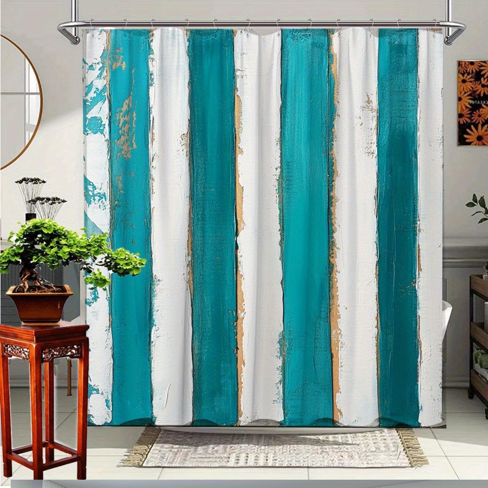 Rideau de douche en polyester imperméable 80x180cm rayures bleu turquoise et blanc moderne