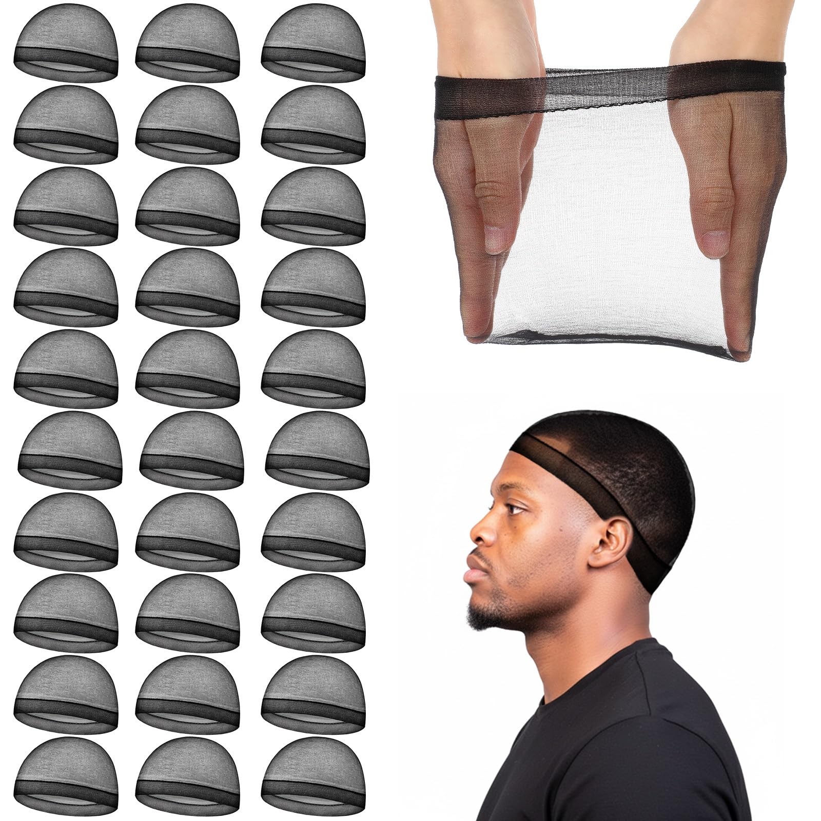 Sibba 30Pcs Stocking Wave Cap, Elastic Wig Cap, Stretchy Hair Net, Black