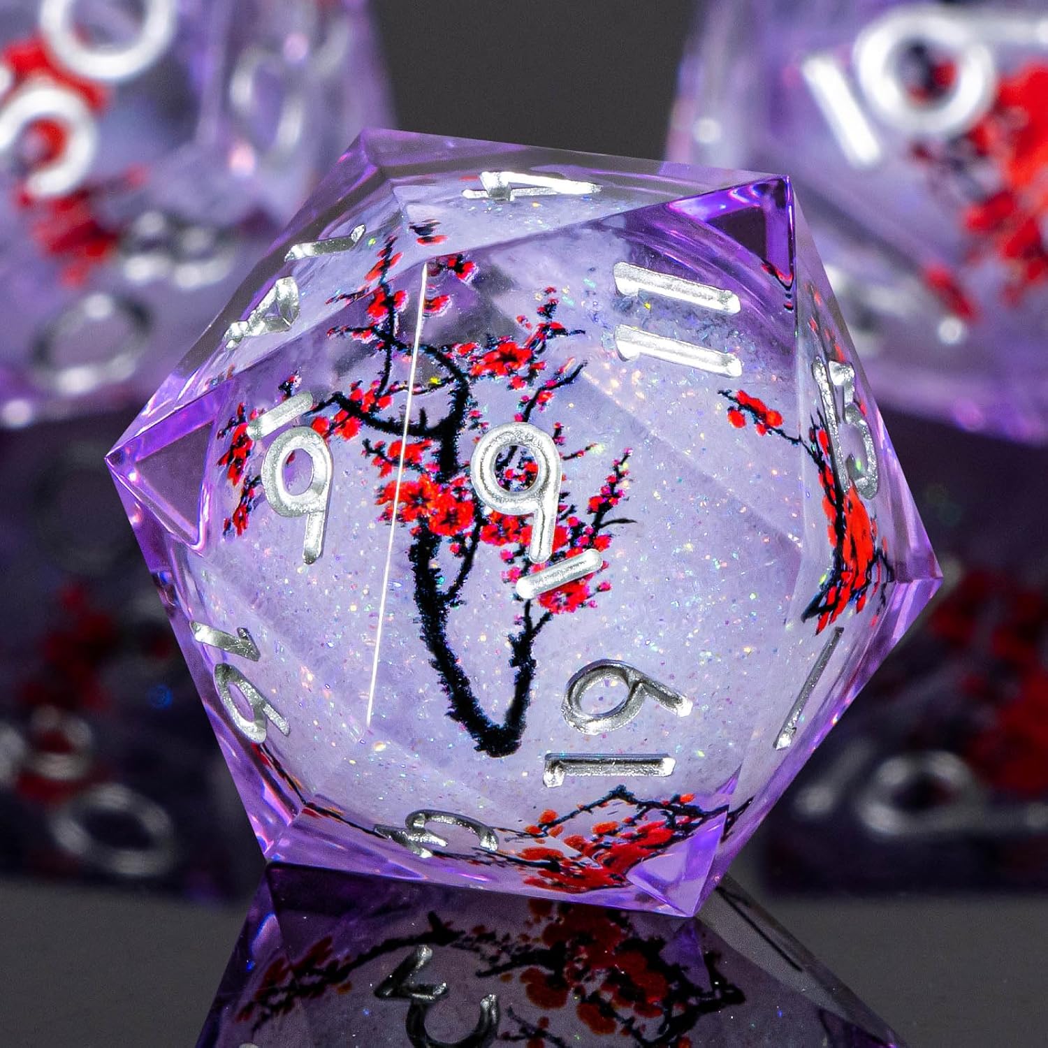 OUKELANWO Liquid Core DND Dice Set for Role Playing Gaming, Purple Plum Blossom D&D Dice with Box, Resin Sharp Edge D and D Dice Set D20 D12 D10 D8 D6 D4