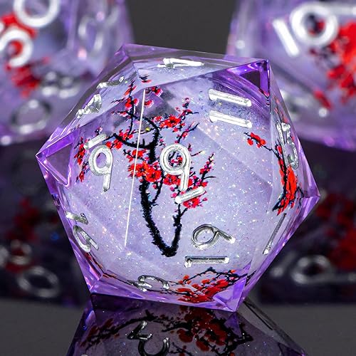 OUKELANWO Liquid Core DND Dice Set for Role Playing Gaming, Purple Plum Blossom D&D Dice with Box, Resin Sharp Edge D and D Dice Set D20 D12 D10 D8 D6 D4 - Purple