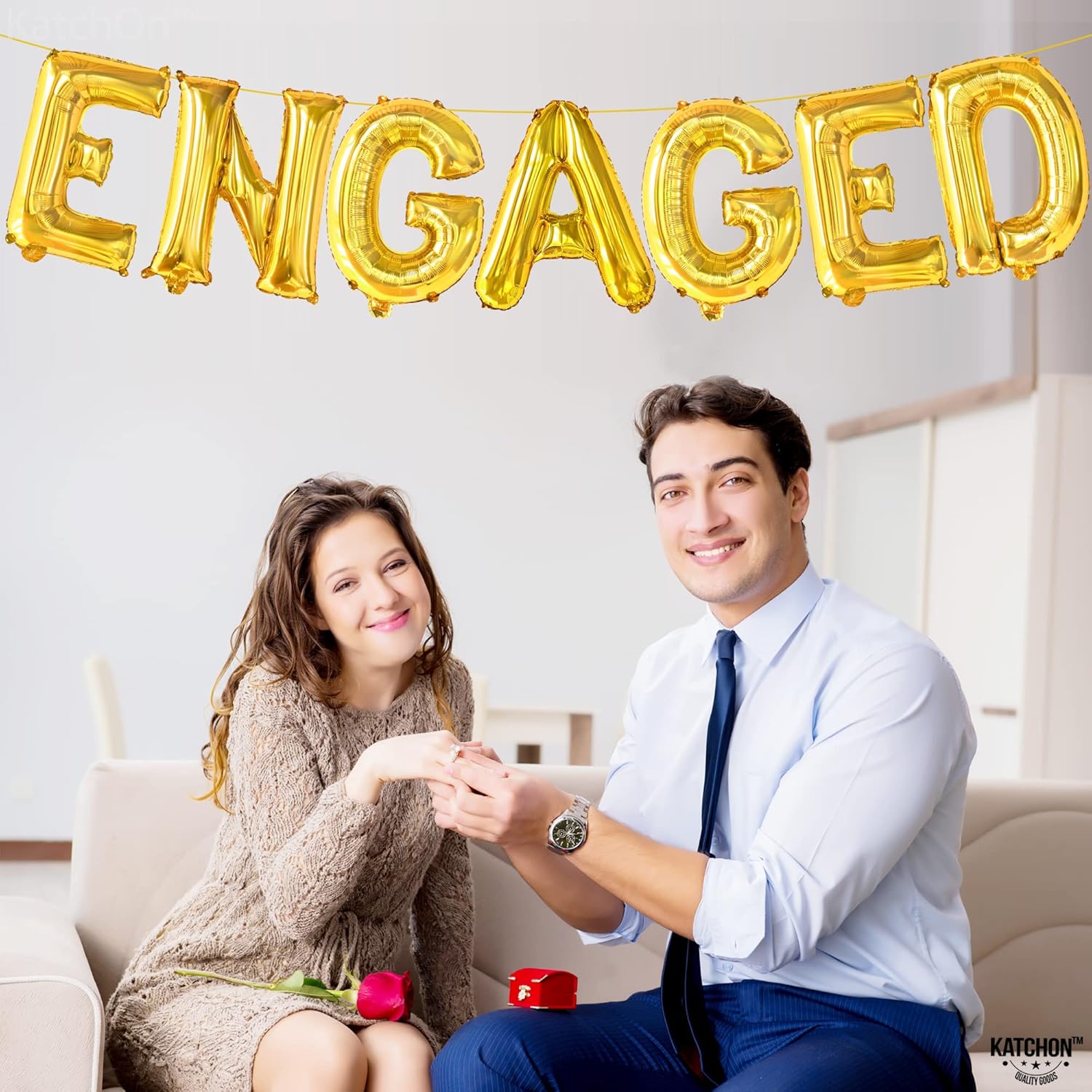 KatchOn, Gold Letter Engaged Balloon with Huge Diamond Ring Balloon - Pack of 2 | Gold Engagement Balloons for Engagement Party Decorations | Diamond Balloons for Wedding, Bridal Shower, Engaged Decor