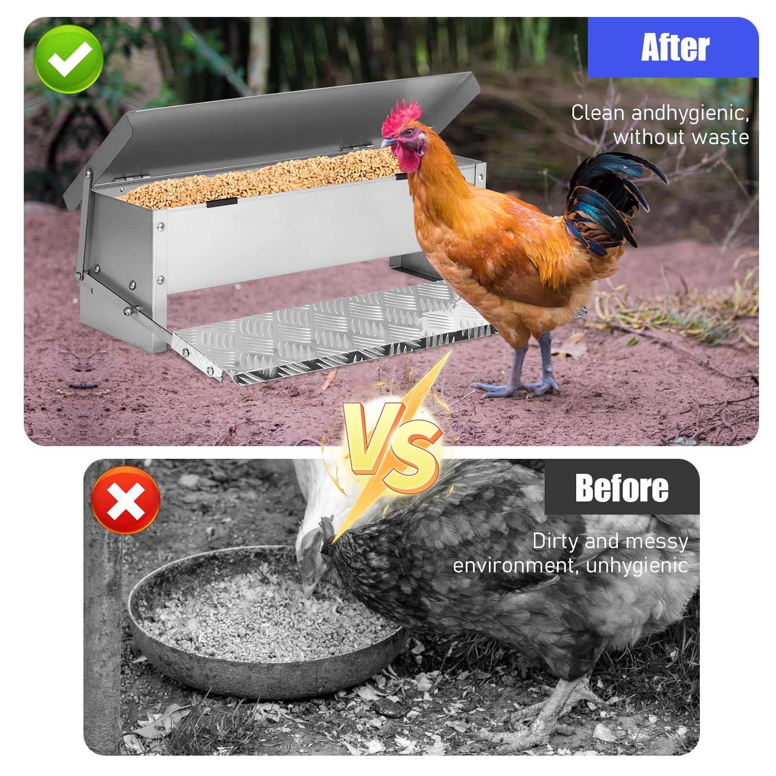 Comedero automático para pollos, 5 kg, con pedal para aves de corral, cuchara de comida para aves de corral, sin residuos, acero inoxidable, apertura automática para pollos, patos, pavos