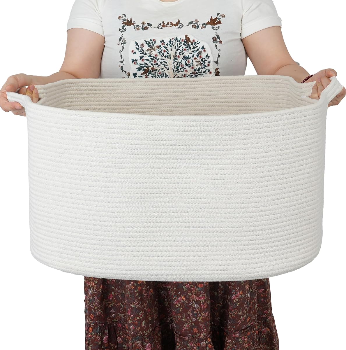 XUANGUO Large Rectangle Woven Cotton Rope Blanket Basket 22"x17"x12" White | Storage basket for nursery and living room; toy basket for kids, dog toy storage, or laundry basket for clothes and towels.