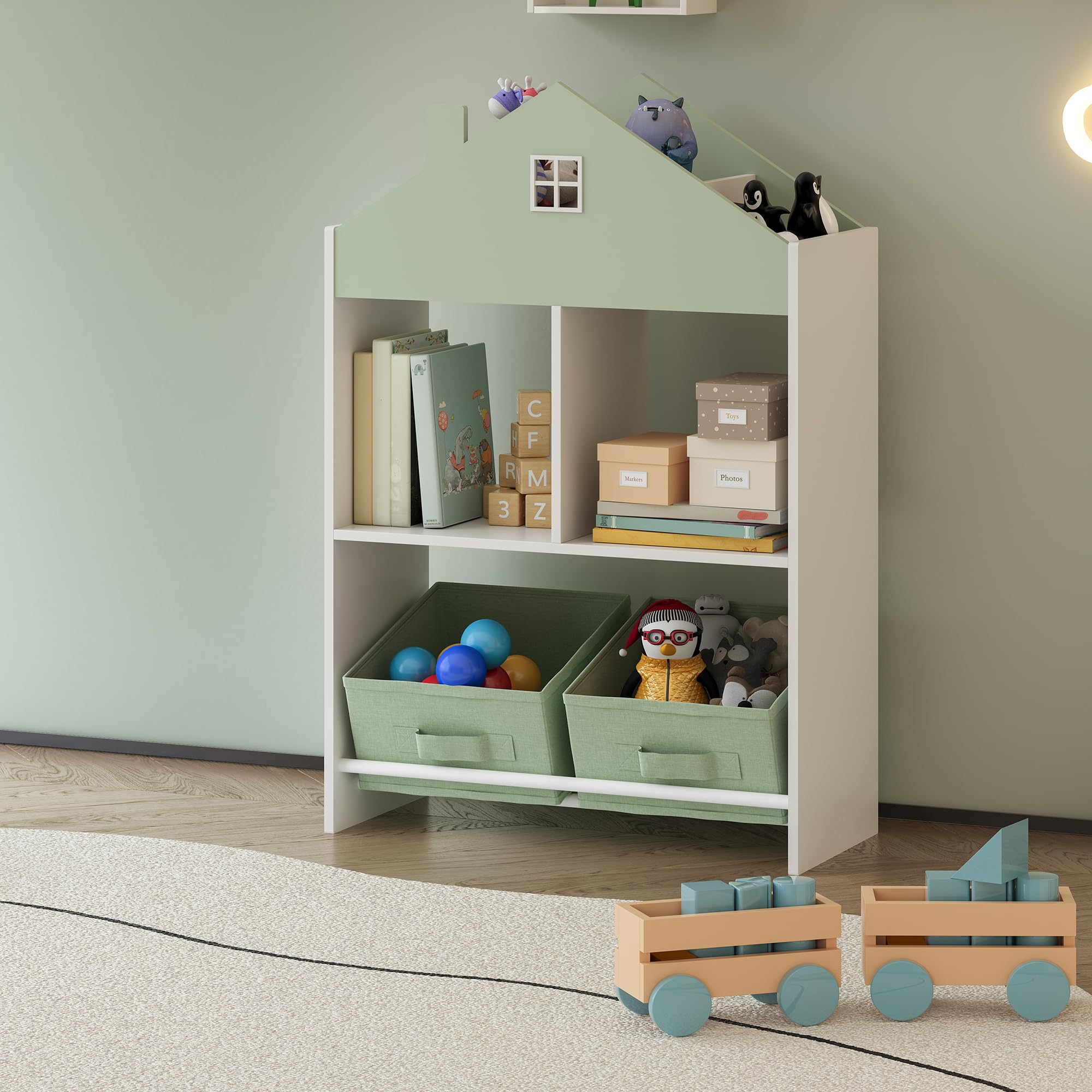 [en.casa] Kinder Bücherregal Vipsali Kinderregal in Hausoptik mit 2 faltbaren Aufbewahrungsboxen Spielzeug Aufbewahrung 90 x 60 x 27 cm Mintgrün/Weiß