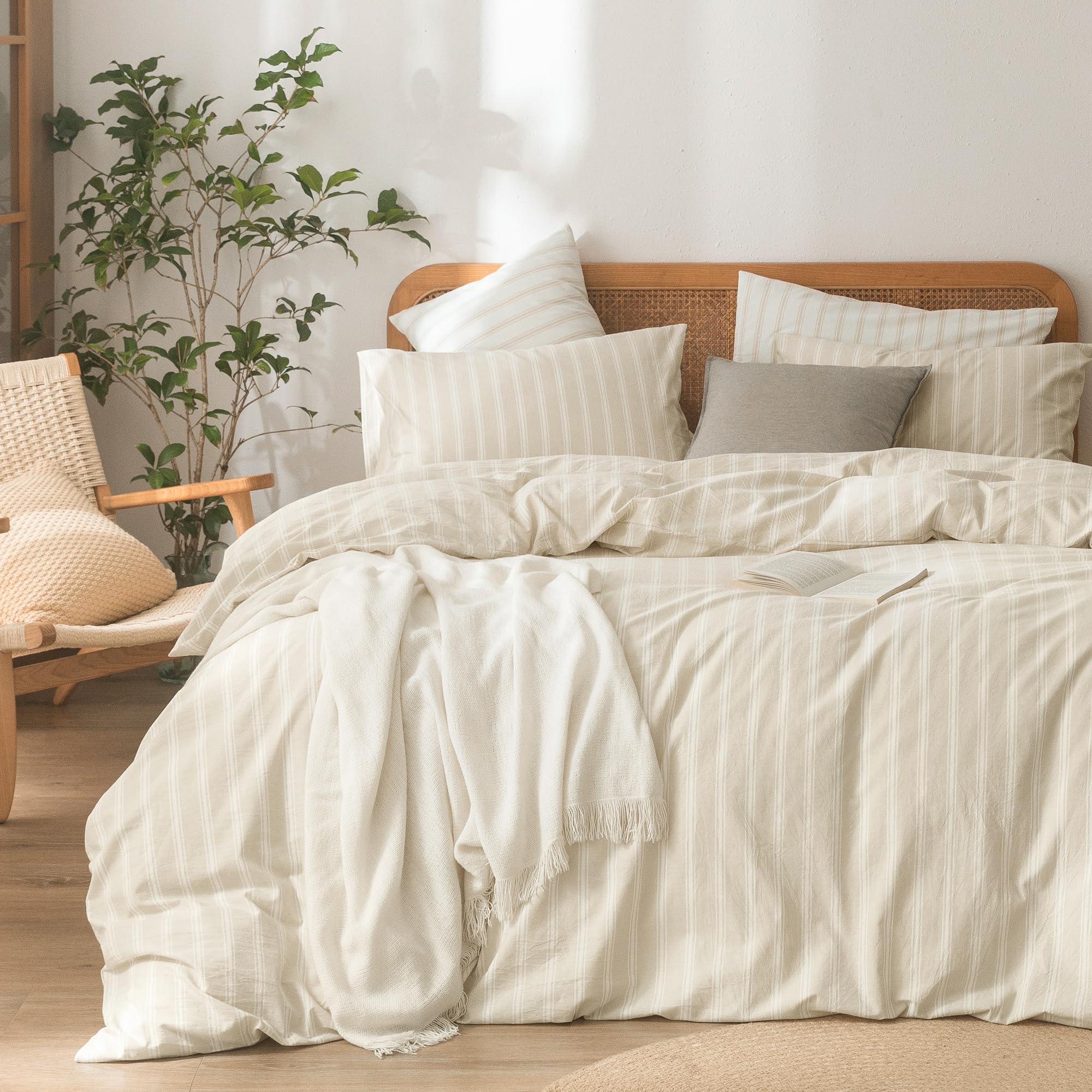BESTOUCH Striped Cotton Duvet Cover Set Linen Feel Oversized Full