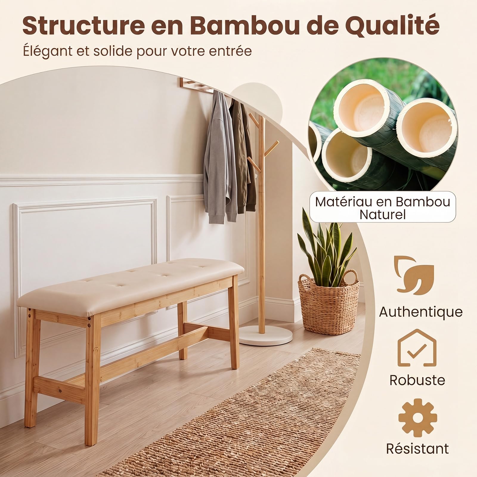 SOARS Banc en Bambou Rembourré Mousse Élastique, Banc d’Entrée 100 X 30 CM