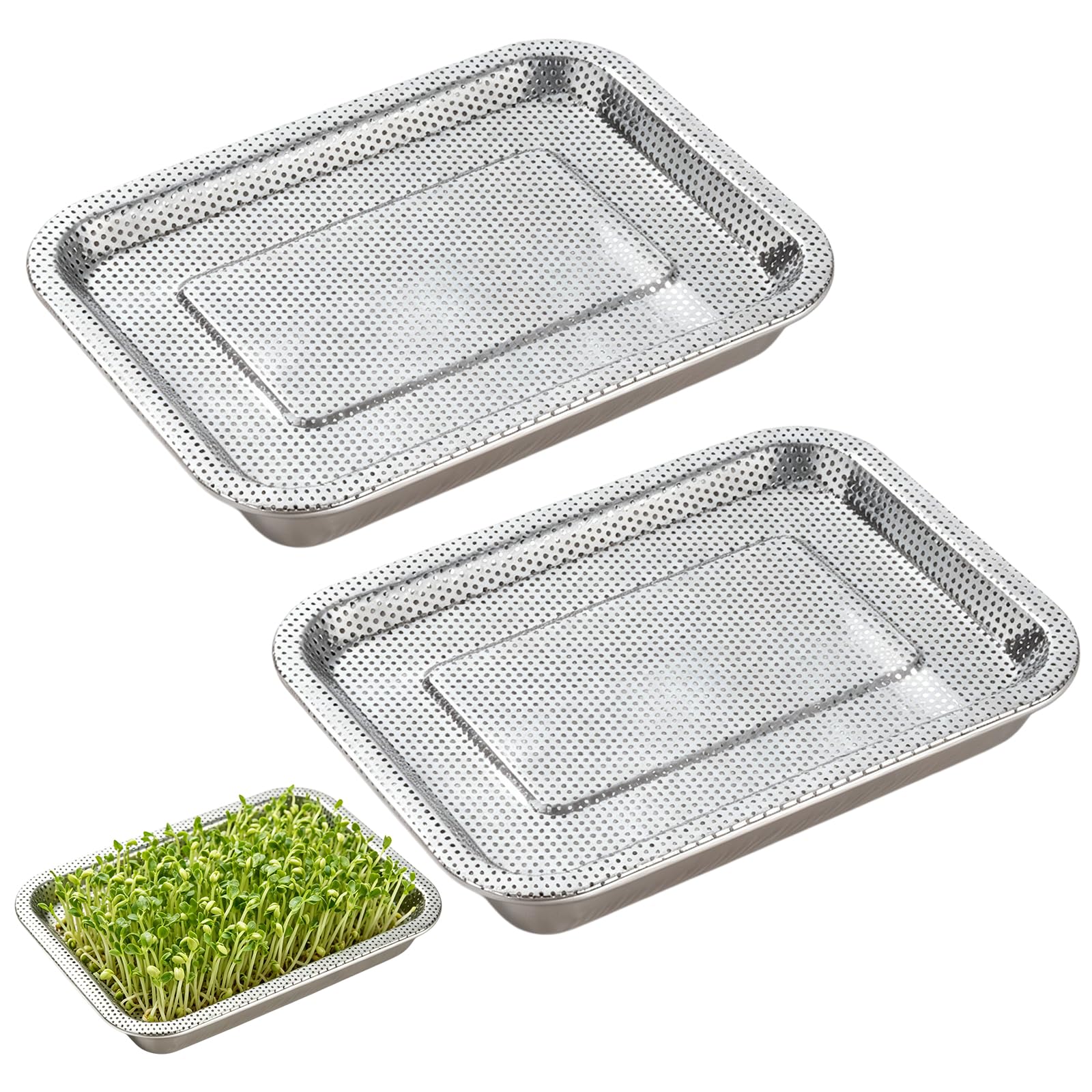 BORDEAG Plateaux De Germination: Lot De 2 27 × 20 Cm Plateau Semis en Acier Inoxydable, Bac à Germination pour Hydroponiques, Salade Feuillée, Haricots, De Blé, Hydroponie, Culture Intérieure