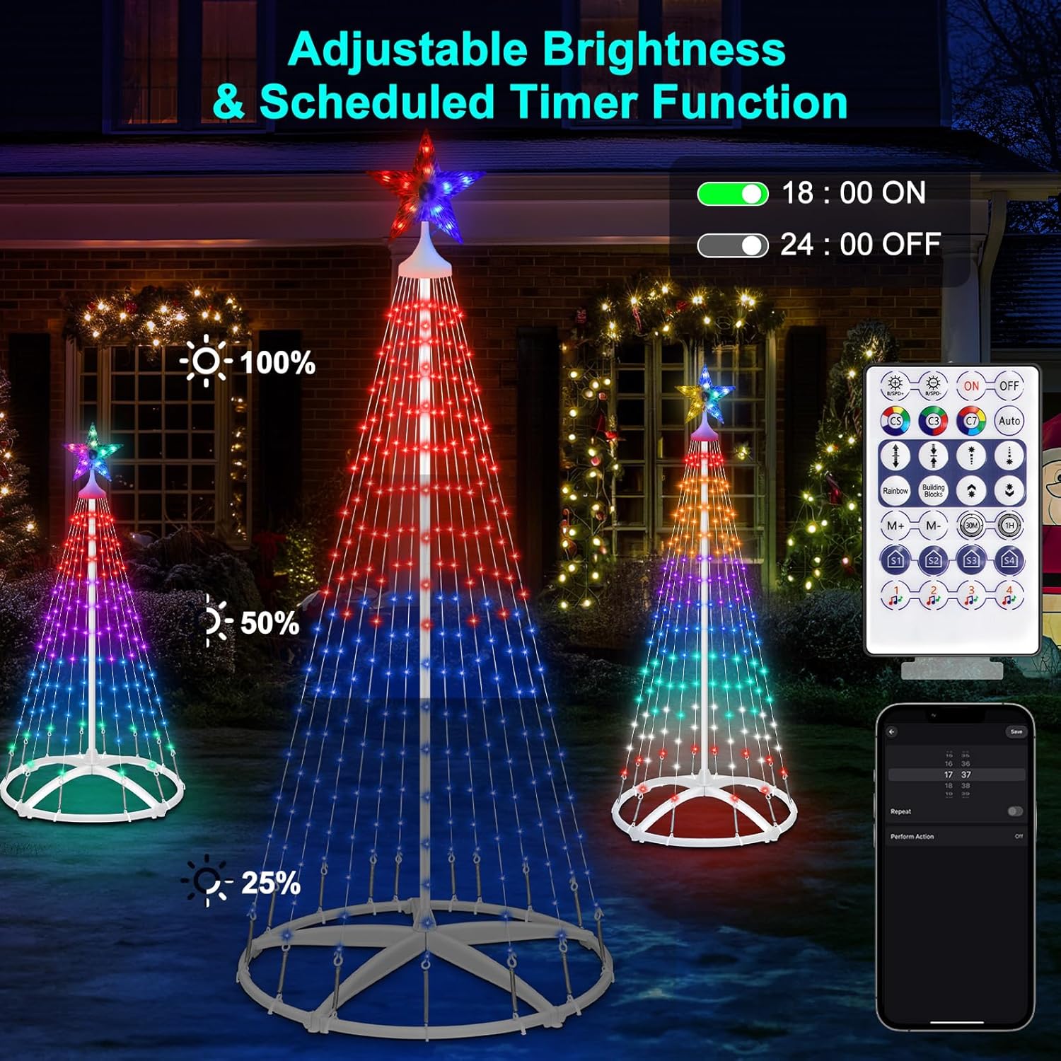 Remote control for the Christmas cone tree lights, showing buttons for power, brightness, speed, color, and mode selection.