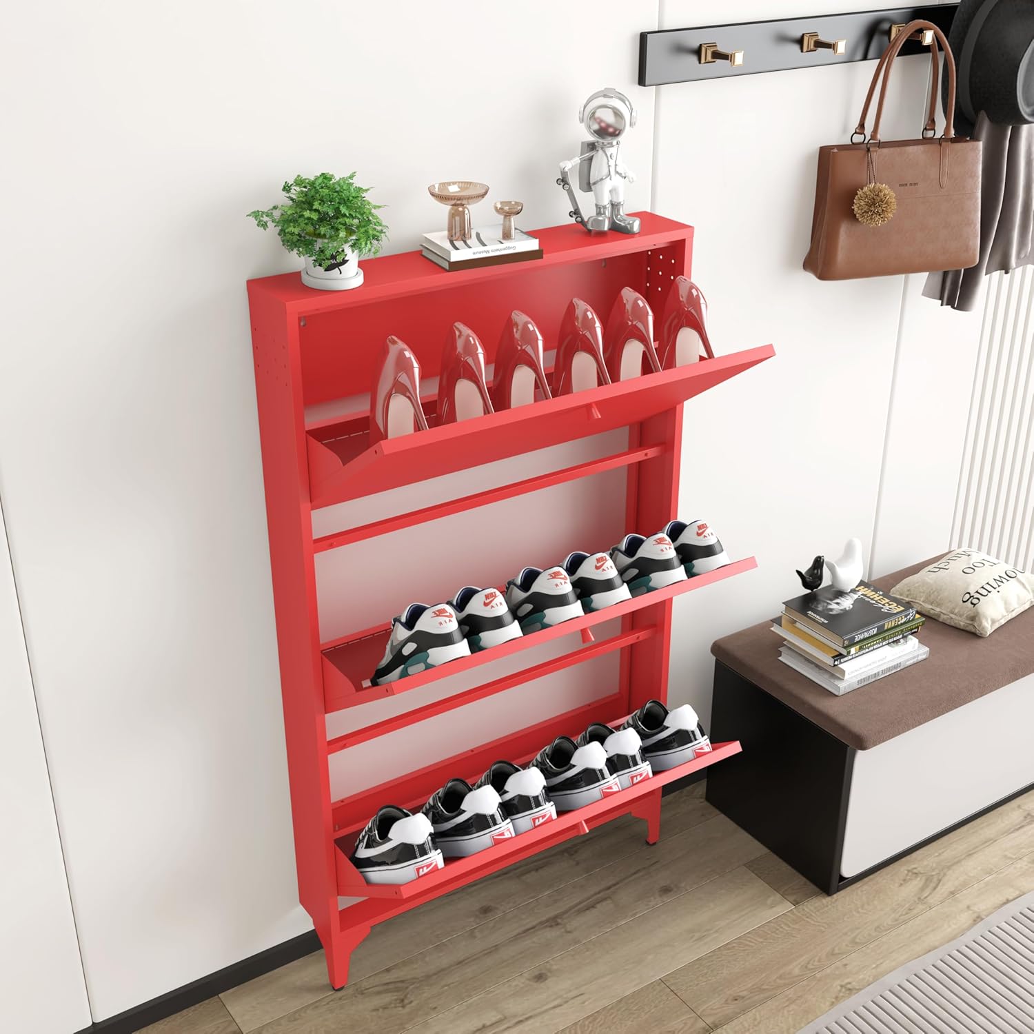 Shoe Cabinet with 3 Flip Drawers, Narrow Slim Hidden Shoe Storage Organizer Cabinet, 47.24'' Tall Shoes Rack Organizer Cabinet for Entryway, Hallway, Front Door, Red