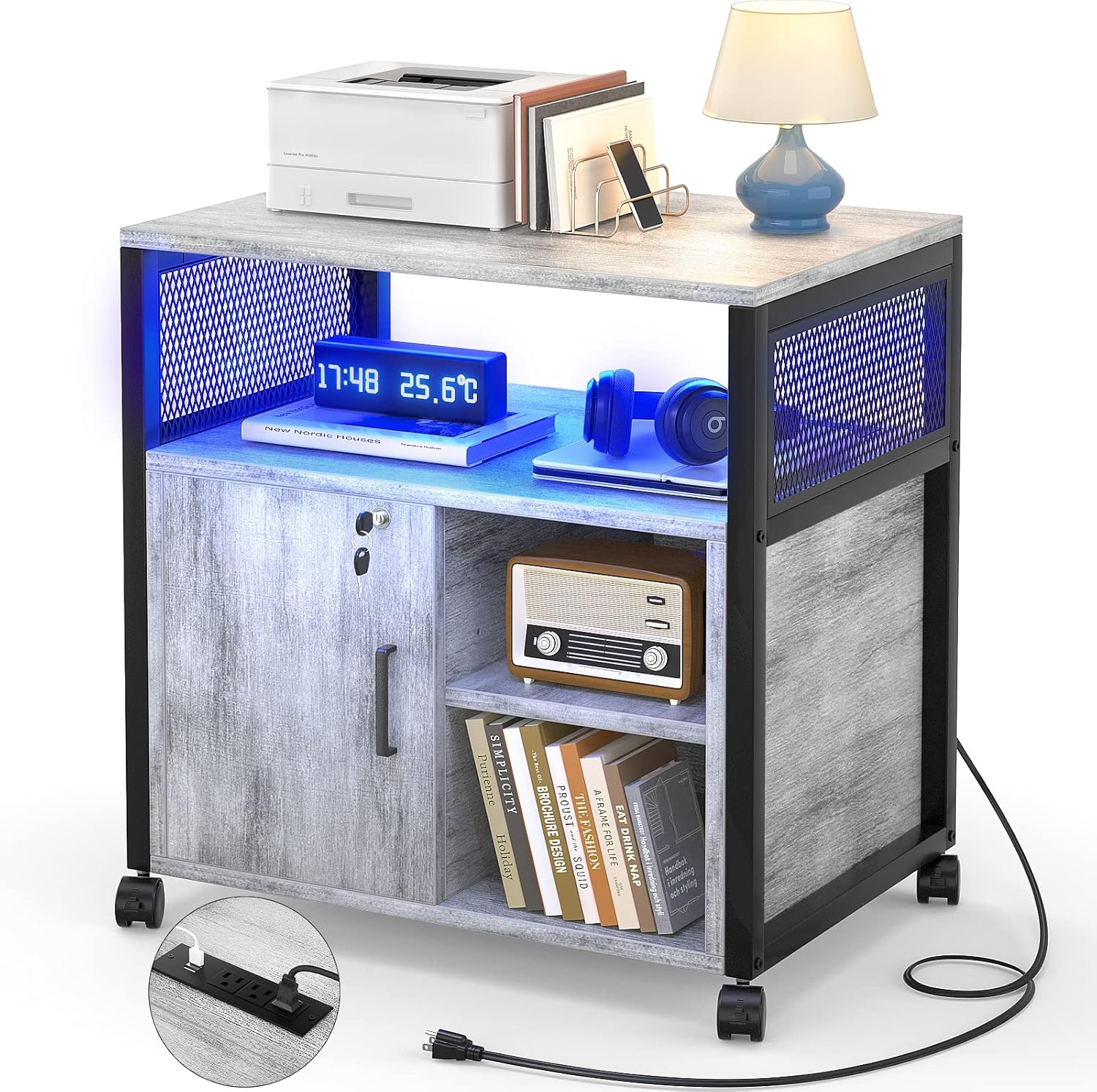 Unikito File Cabinet with LED Lights, Lateral Filing Cabinet with Power Outlets and USB Charging Ports, Printer Stand with Storage, Office Cabinet for Letter, A4, Legal and File Folders, Light Walnut