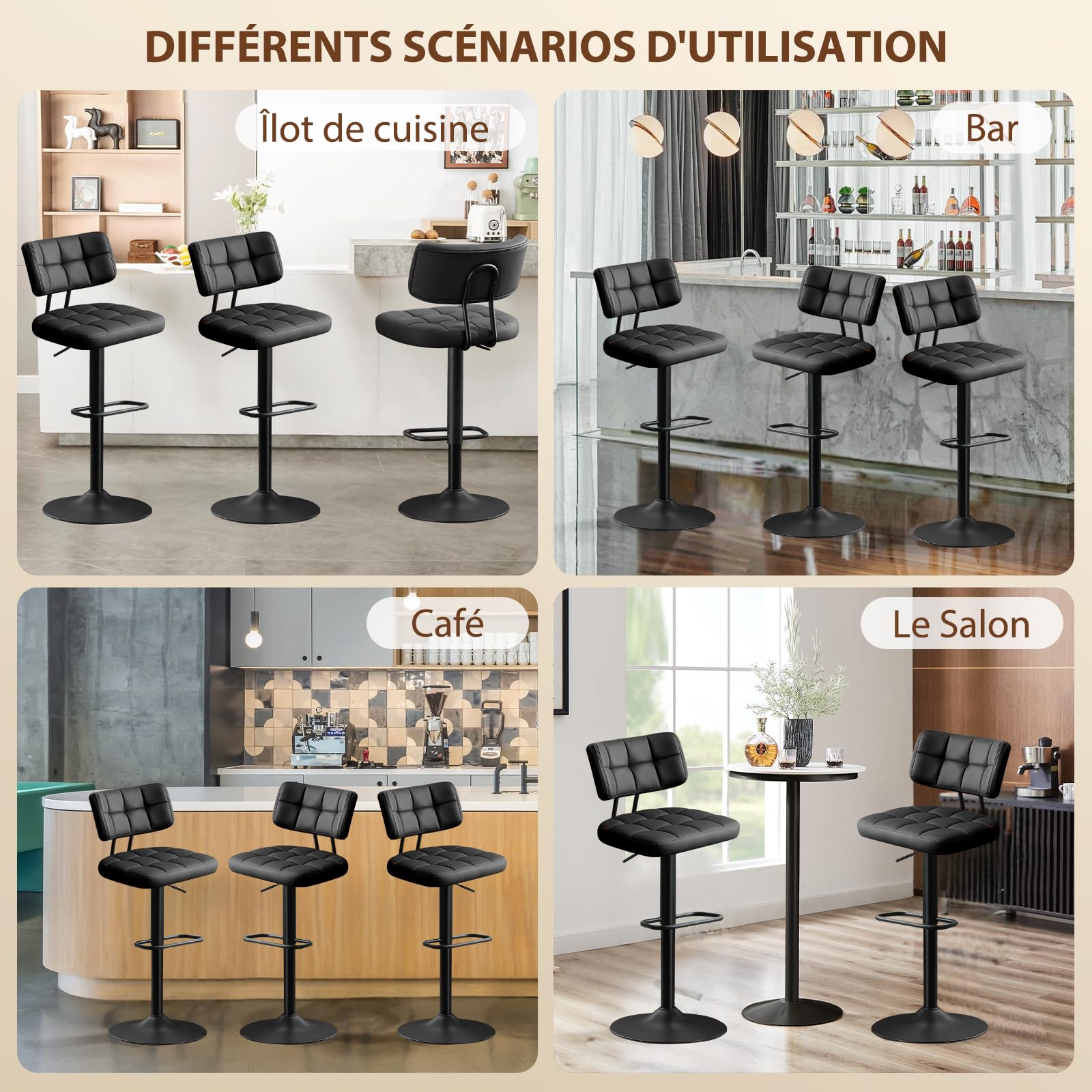 Lot de 2 Tabourets de Bar Noir - Bar Réglables en Hauteur Modernes, Chaise de Bar Chaise Haute Bar- Tabouret Ilot Central Cuisine, avec Dossier et Repose-Pieds, Salle à Manger, PU