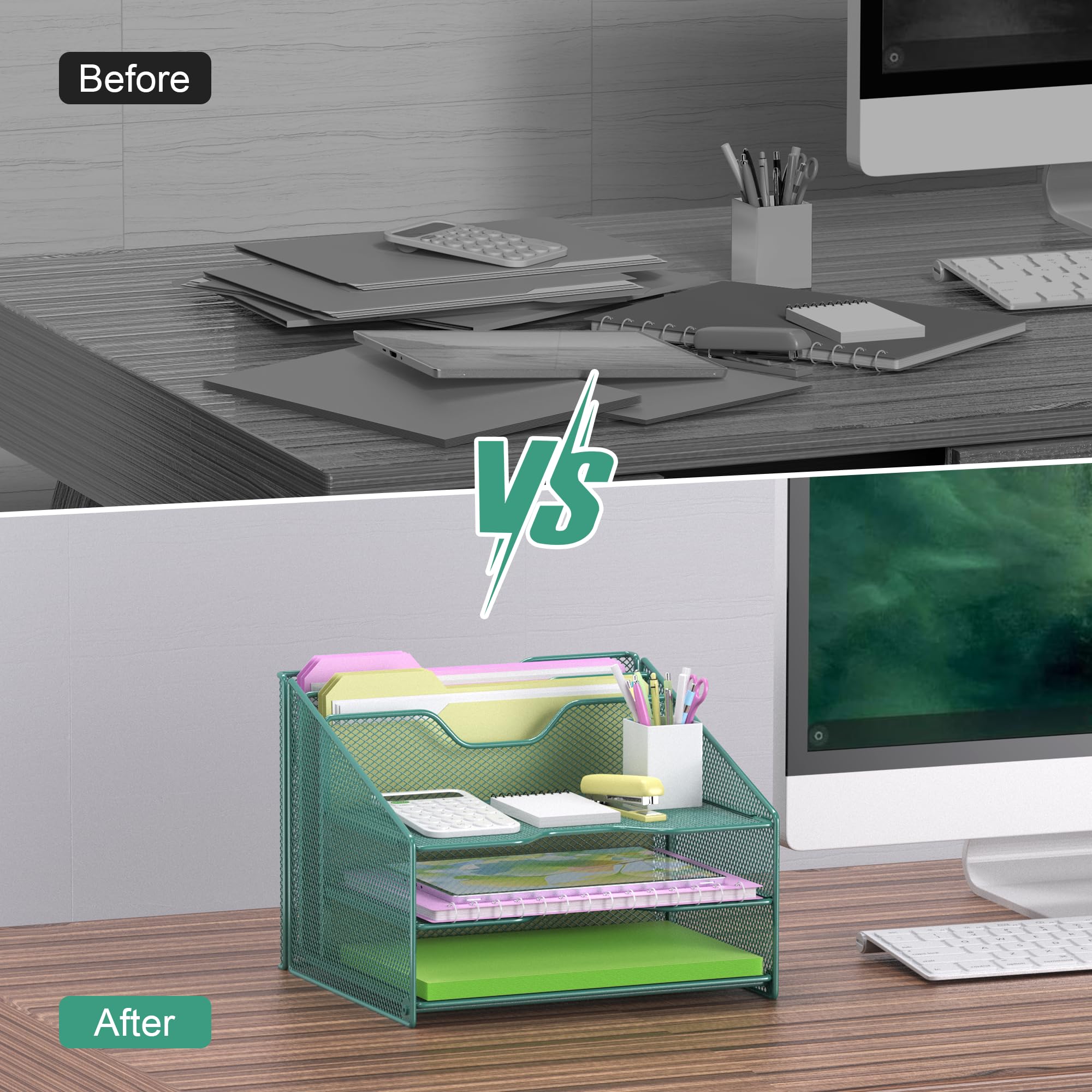 Samstar Green Desk File Organizer, Mesh Letter File Folder Holder with 3 Paper Trays and 2 Vertical Upright Section, for Office Supplies, Desk Accessories & Workspace, Green view 6