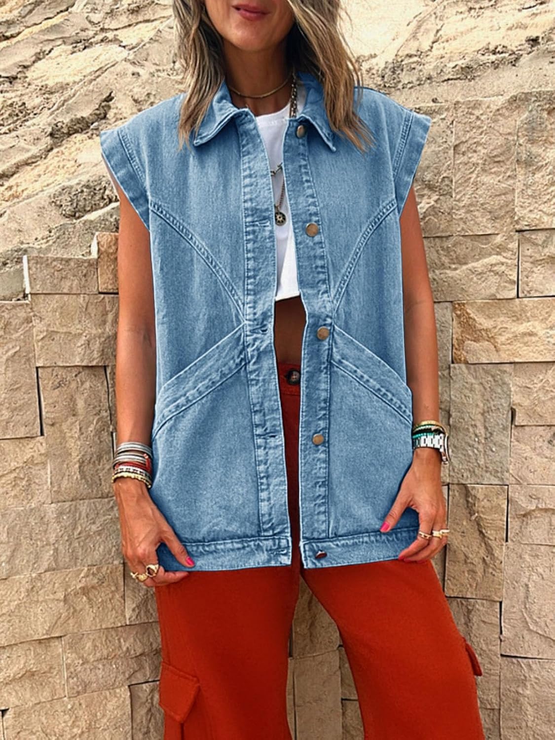 PLNOTME Womens Oversized Sleeveless Denim Vest Classic Button Down Jean Vest Casual Utility Lapel Jean Jacket - Image 5