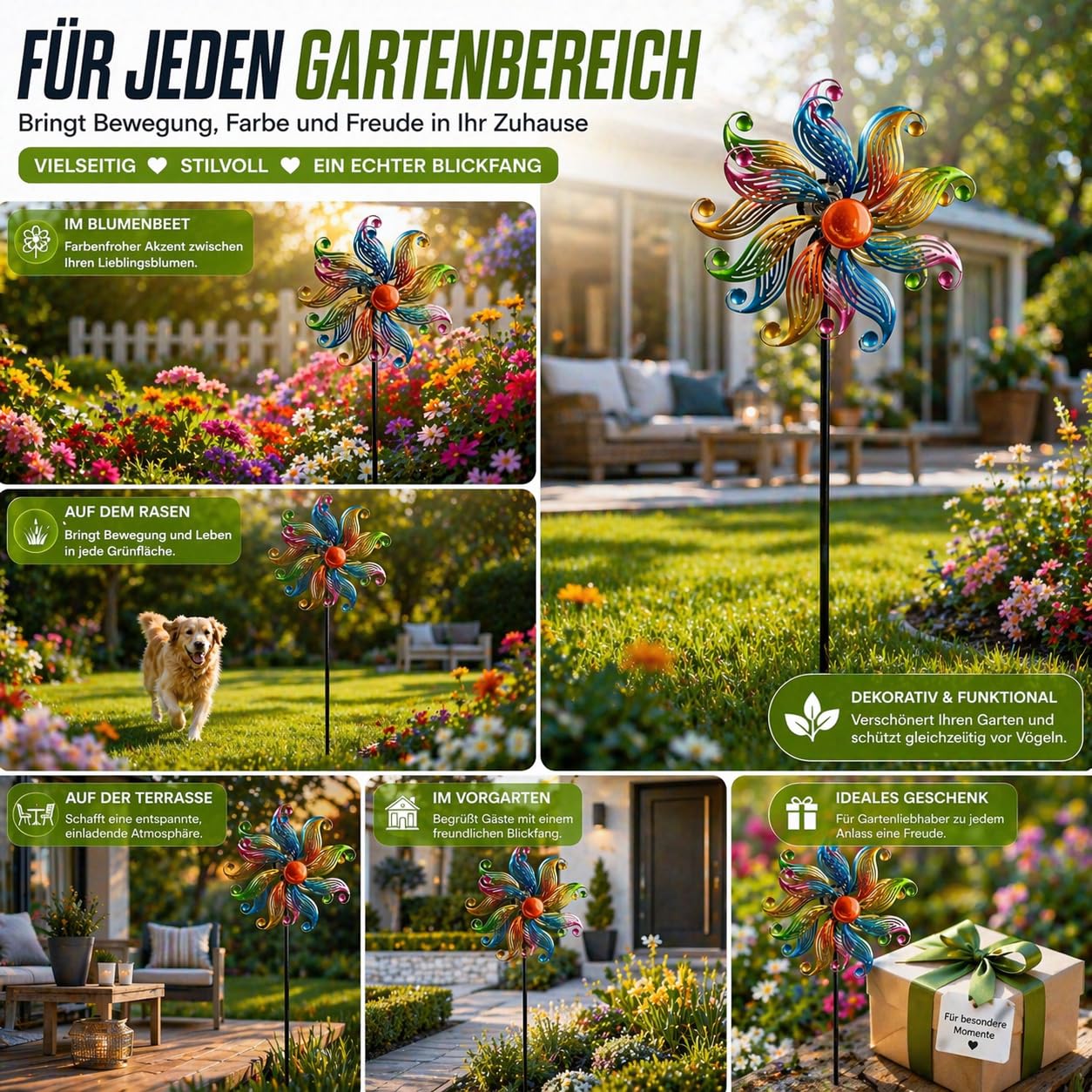 Kremers Schatzkiste Girandola a vento a forma di fiore, in metallo, con cuscinetti a sfera, Ø 30 cm/122 cm, con picchetto, 3 pezzi, decorazione da giardino resistente alle intemperie, per aiuole